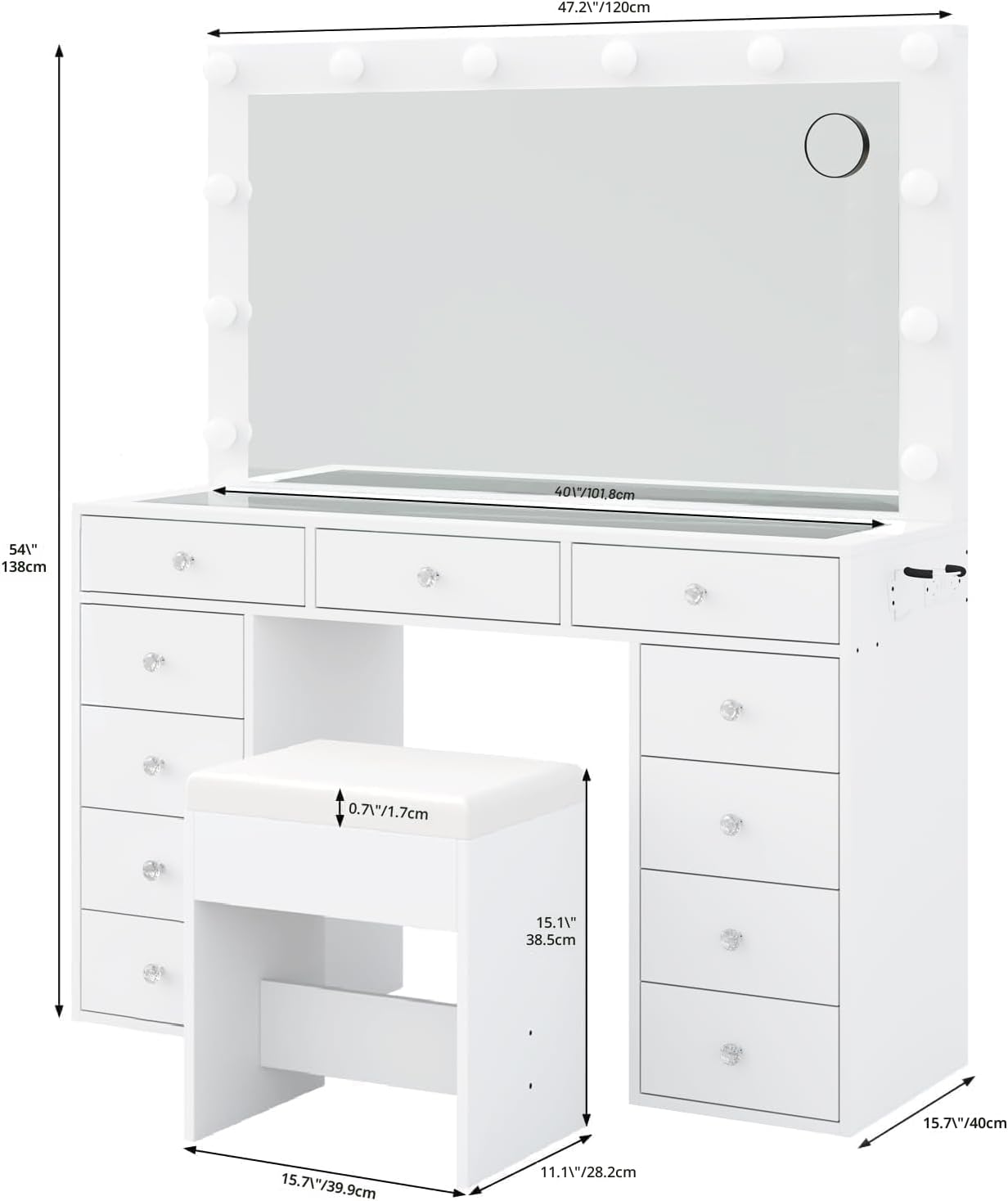 Escritorio de tocador y toma de corriente, tocador de maquillaje con espejo y 12 luces LED, mesa de maquillaje con 11 cajones, mesa de tocador con silla, juego de 3 modos de iluminación