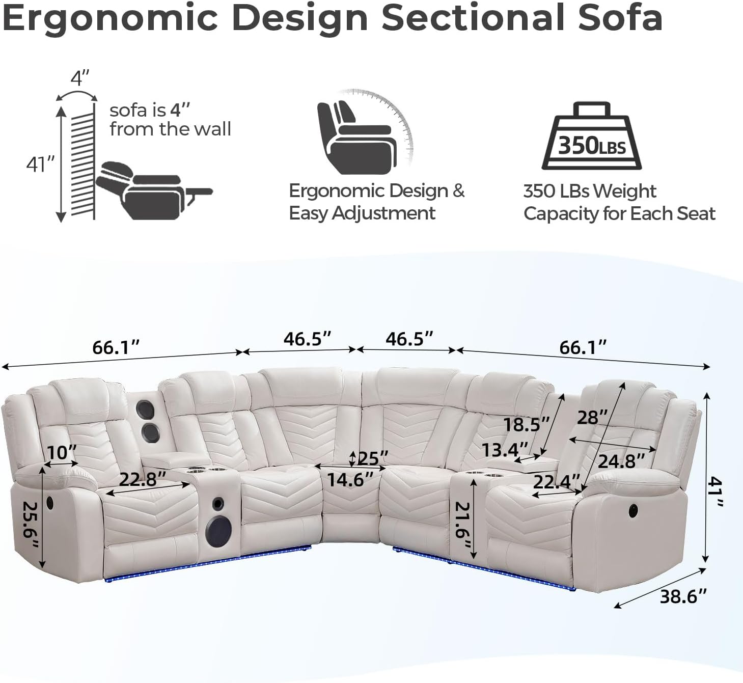 Sofá modular reclinable eléctrico con altavoces de graves para sala de estar, de piel sintética, reclinable, esquinero, con luz LED, reclinables eléctricos para el hogar, color blanco