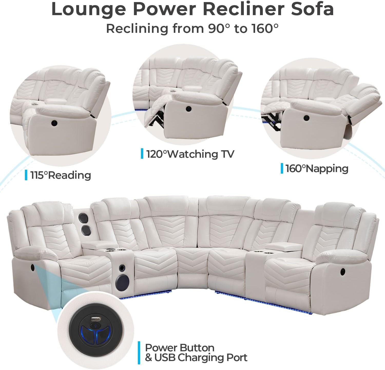 Sofá modular reclinable eléctrico con altavoces de graves para sala de estar, de piel sintética, reclinable, esquinero, con luz LED, reclinables eléctricos para el hogar, color blanco