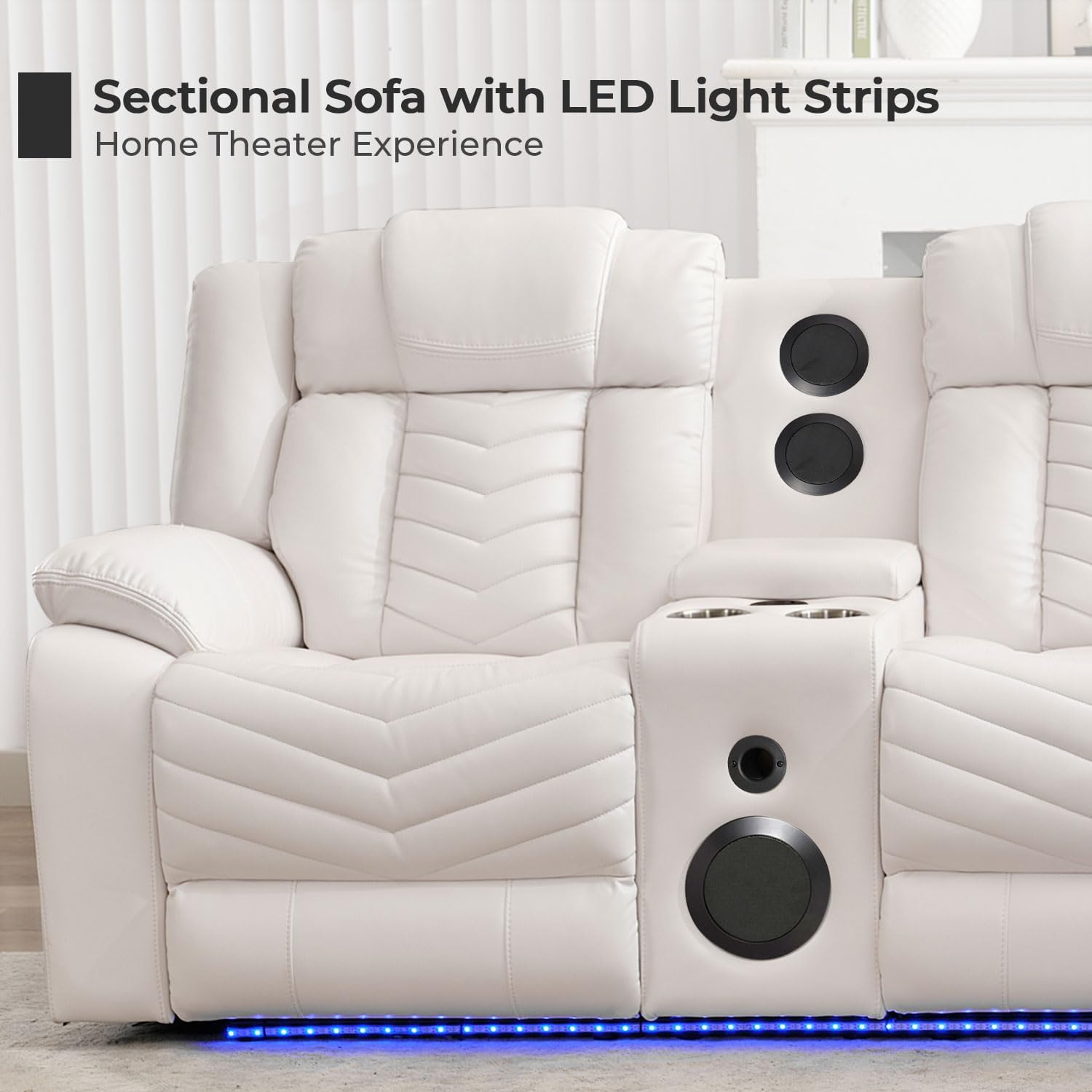 Sofá modular reclinable eléctrico con altavoces de graves para sala de estar, de piel sintética, reclinable, esquinero, con luz LED, reclinables eléctricos para el hogar, color blanco