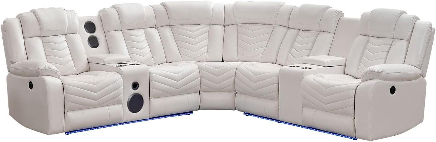 Sofá modular reclinable eléctrico con altavoces de graves para sala de estar, de piel sintética, reclinable, esquinero, con luz LED, reclinables eléctricos para el hogar, color blanco