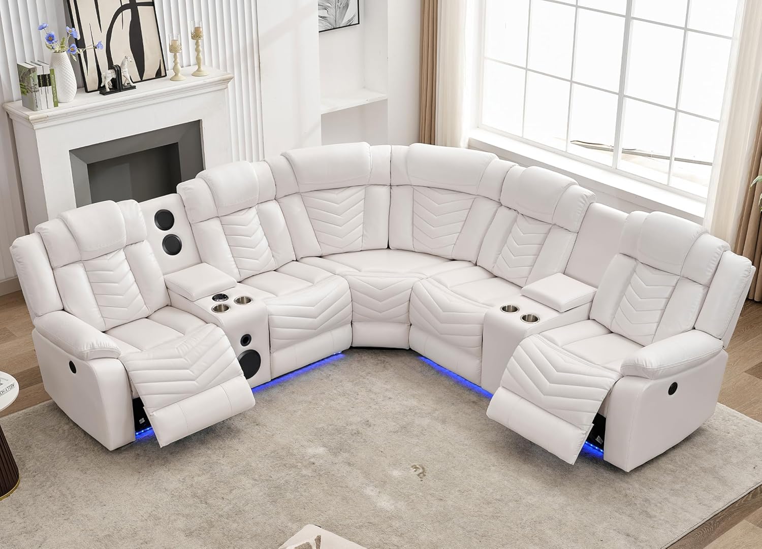 Sofá modular reclinable eléctrico con altavoces de graves para sala de estar, de piel sintética, reclinable, esquinero, con luz LED, reclinables eléctricos para el hogar, color blanco