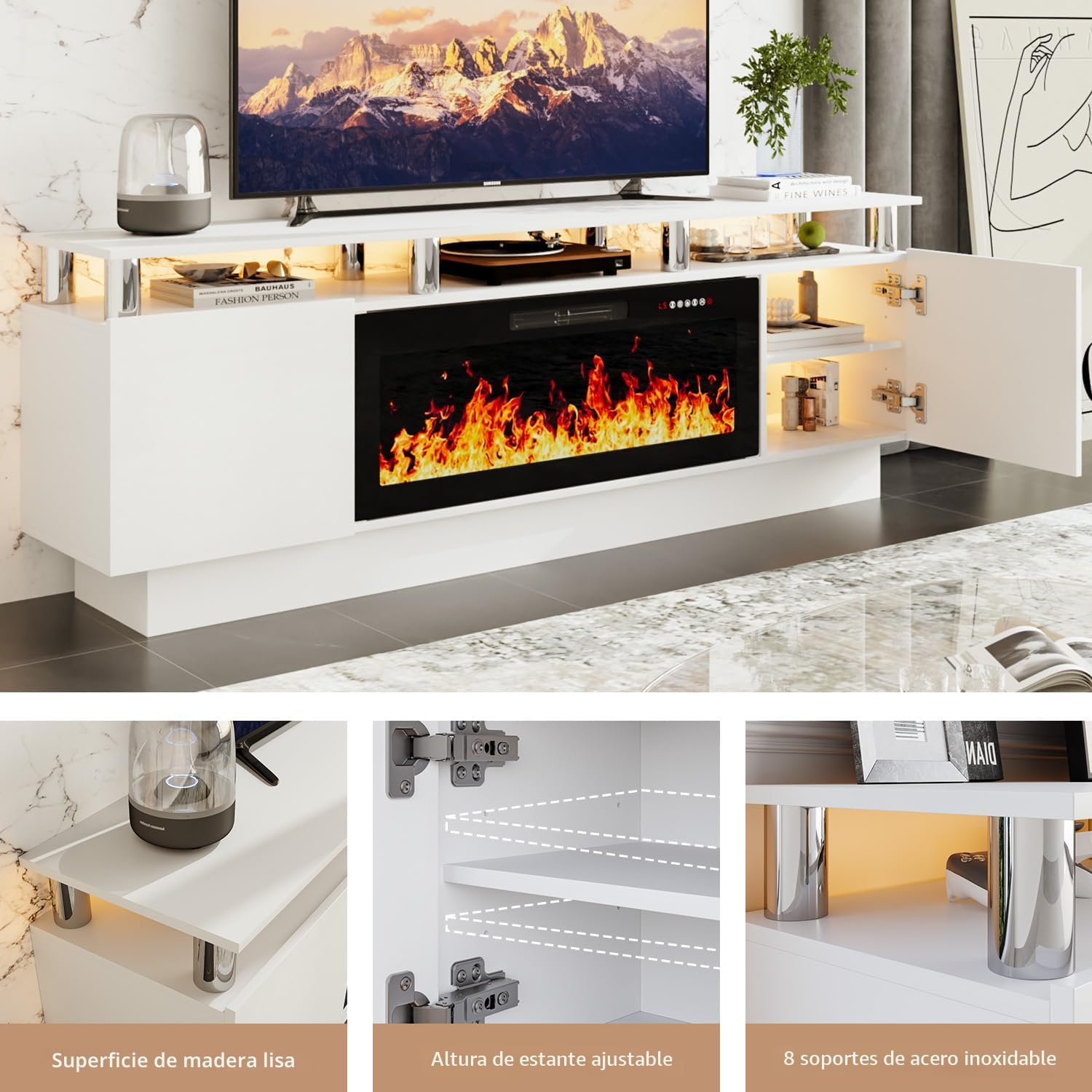 Soporte de TV con chimenea de 36 pulgadas, centro de entretenimiento LED de 2 niveles y 70 pulgadas con chimenea para televisores de hasta 80 pulgadas, moderno soporte de TV de madera con