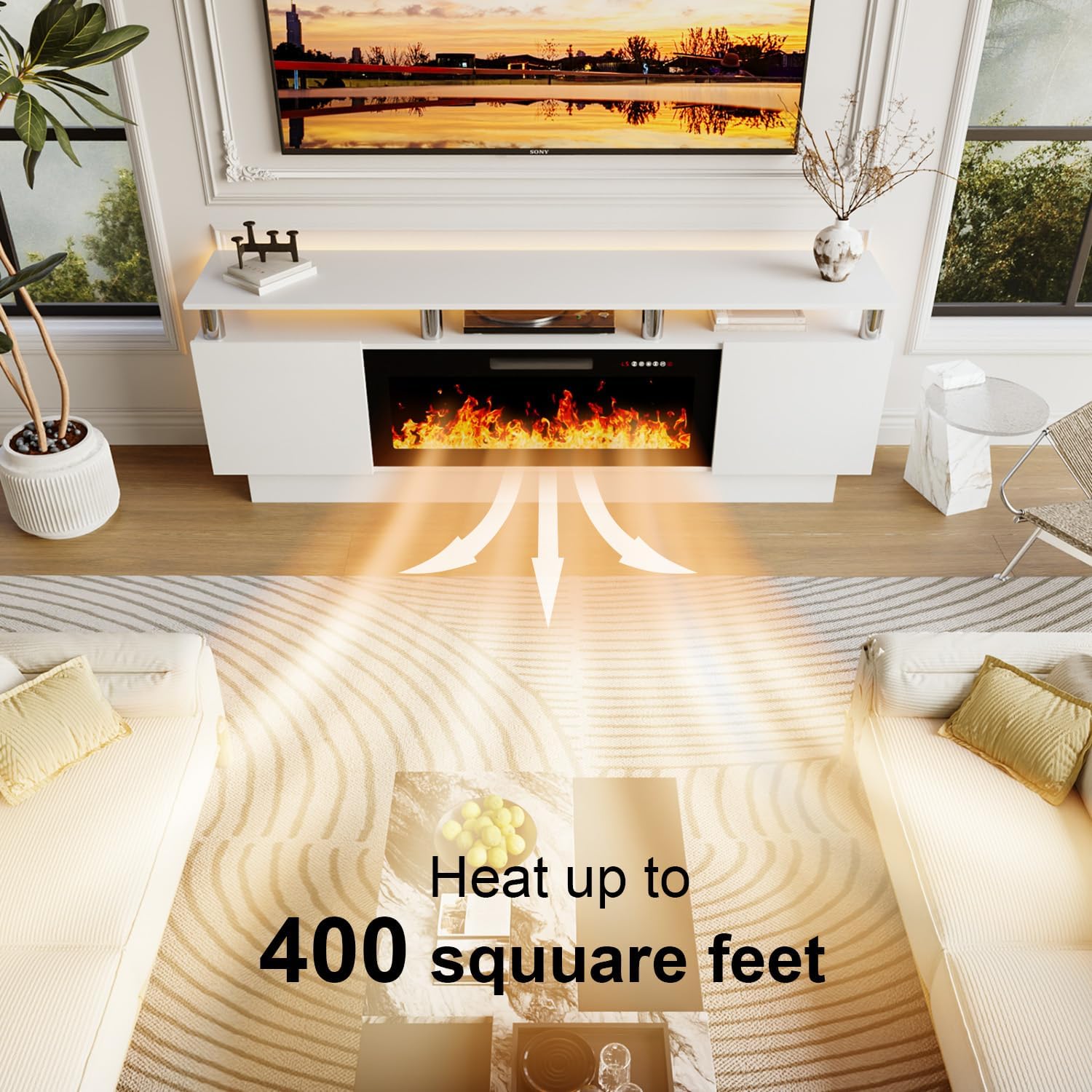 Soporte de TV con chimenea de 36 pulgadas, centro de entretenimiento LED de 2 niveles y 70 pulgadas con chimenea para televisores de hasta 80 pulgadas, moderno soporte de TV de madera con