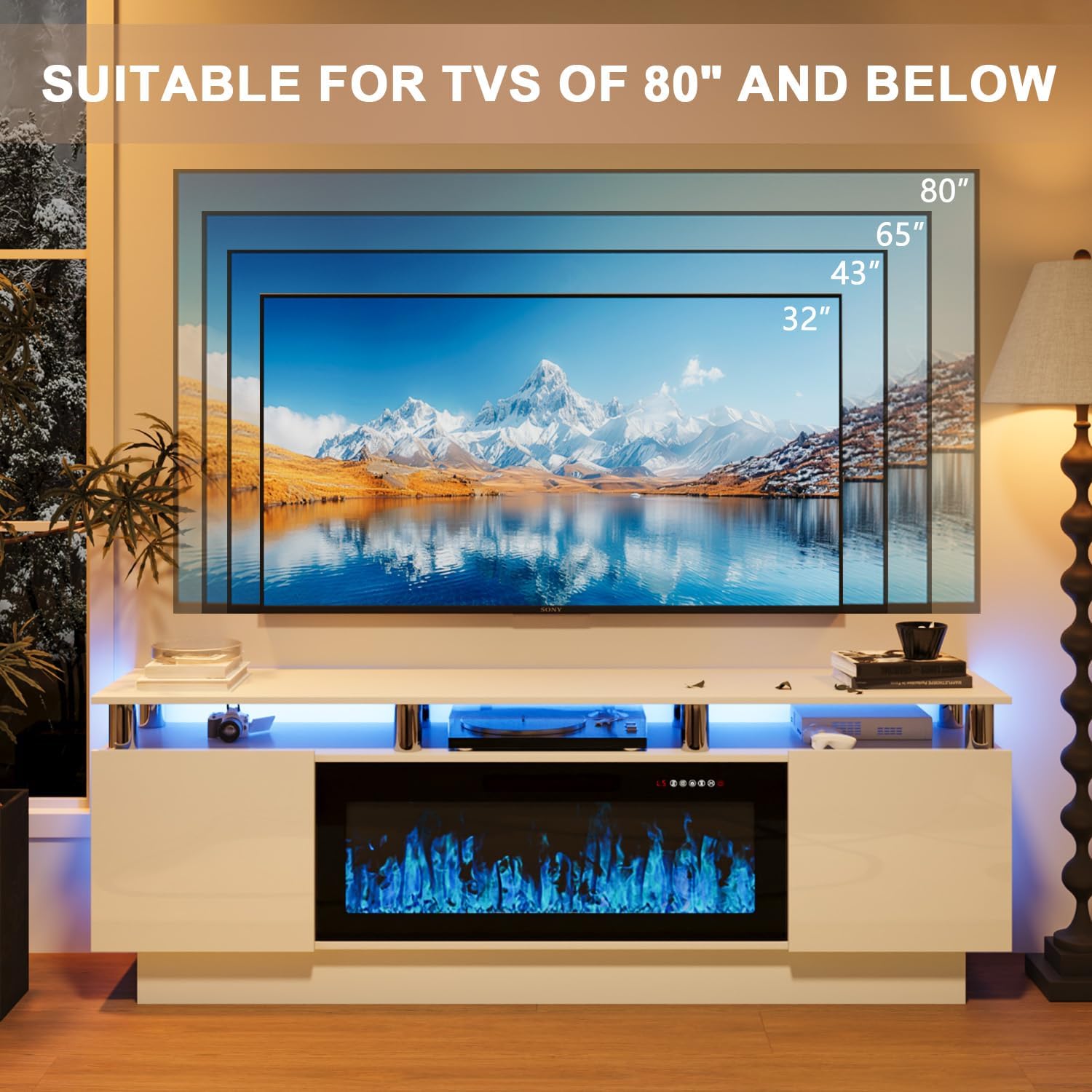 Soporte de TV con chimenea de 36 pulgadas, centro de entretenimiento LED de 2 niveles y 70 pulgadas con chimenea para televisores de hasta 80 pulgadas, moderno soporte de TV de madera con