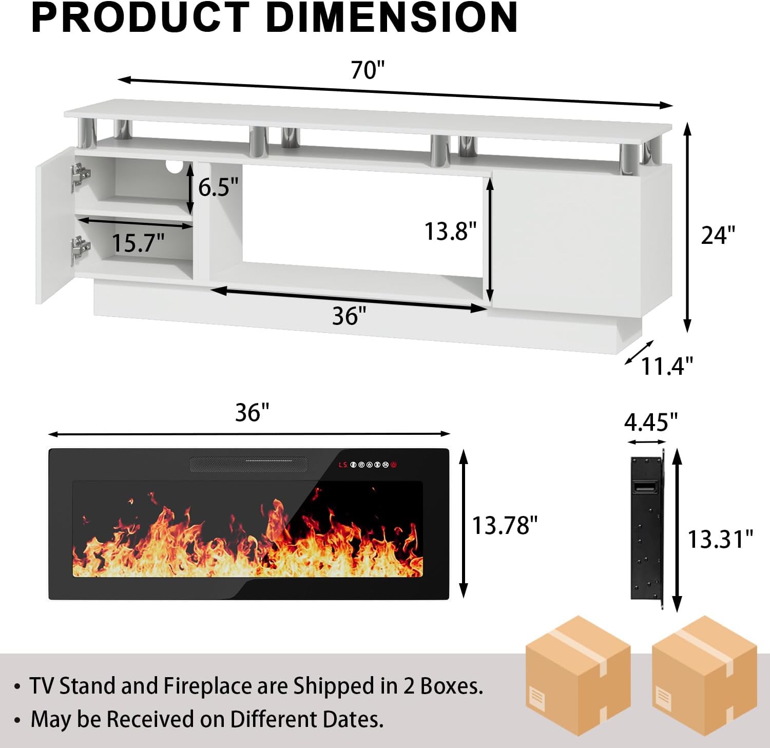 Soporte de TV con chimenea de 36 pulgadas, centro de entretenimiento LED de 2 niveles y 70 pulgadas con chimenea para televisores de hasta 80 pulgadas, moderno soporte de TV de madera con