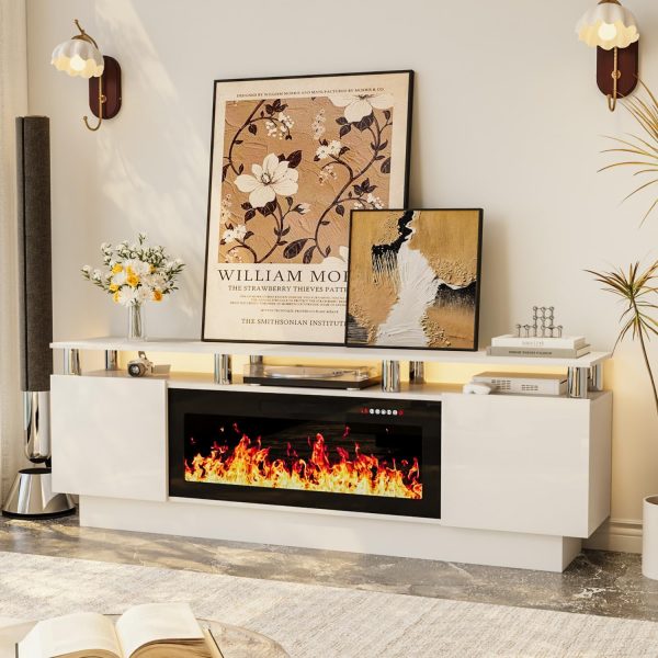 Soporte de TV con chimenea de 36 pulgadas, centro de entretenimiento LED de 2 niveles y 70 pulgadas con chimenea para televisores de hasta 80 pulgadas, moderno soporte de TV de madera con