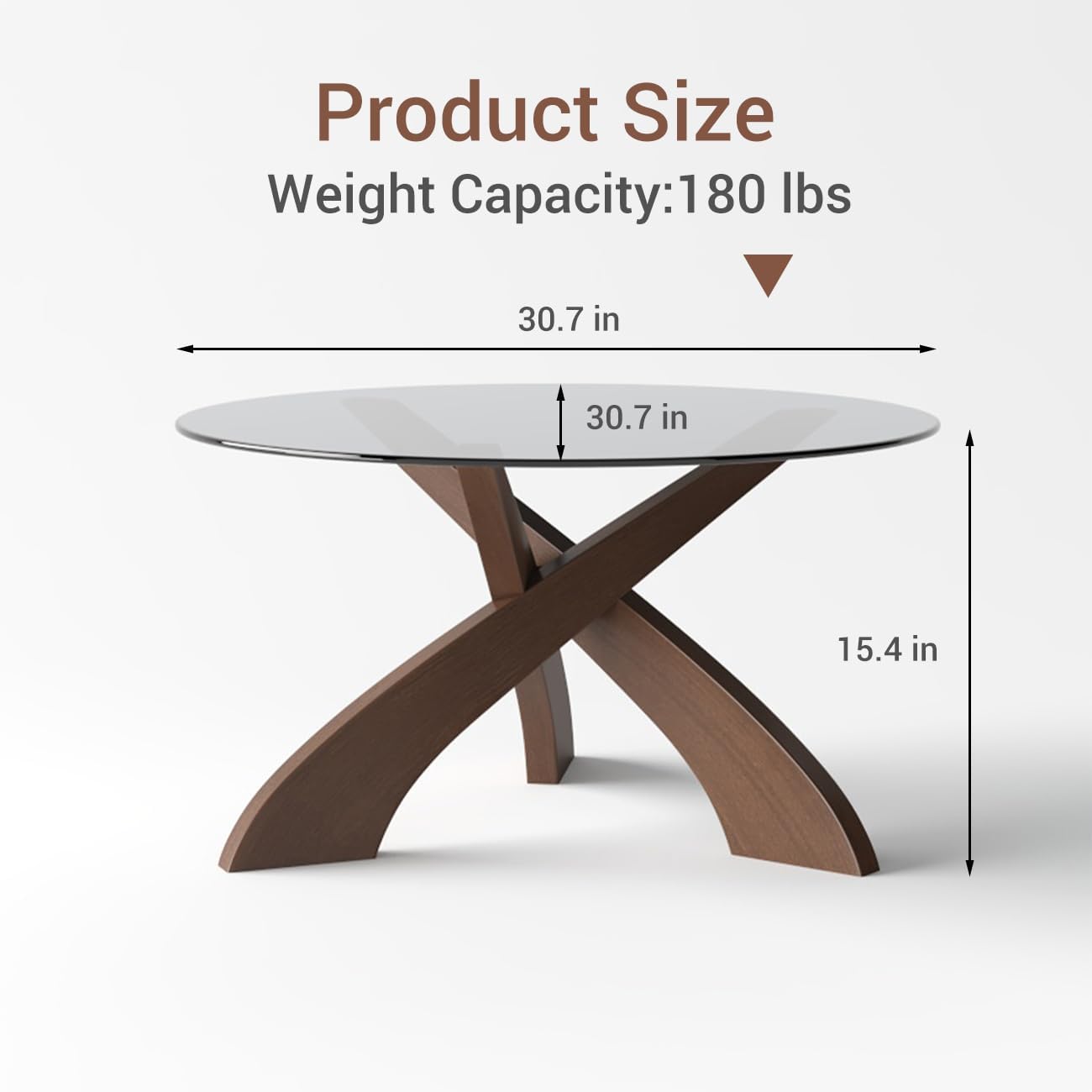 Honyee Mesa auxiliar de cristal, mesa de centro redonda de 30.7 pulgadas con parte superior de vidrio templado, base de madera de nogal en forma de X, mesa central moderna y estable para sala de estar