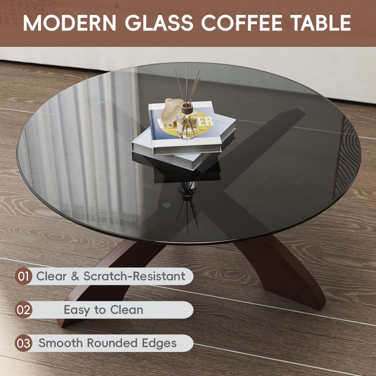 Honyee Mesa auxiliar de cristal, mesa de centro redonda de 30.7 pulgadas con parte superior de vidrio templado, base de madera de nogal en forma de X, mesa central moderna y estable para sala de estar