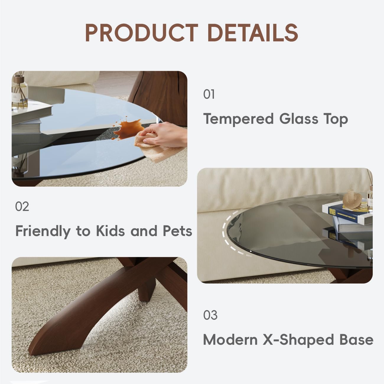 Honyee Mesa auxiliar de cristal, mesa de centro redonda de 30.7 pulgadas con parte superior de vidrio templado, base de madera de nogal en forma de X, mesa central moderna y estable para sala de estar