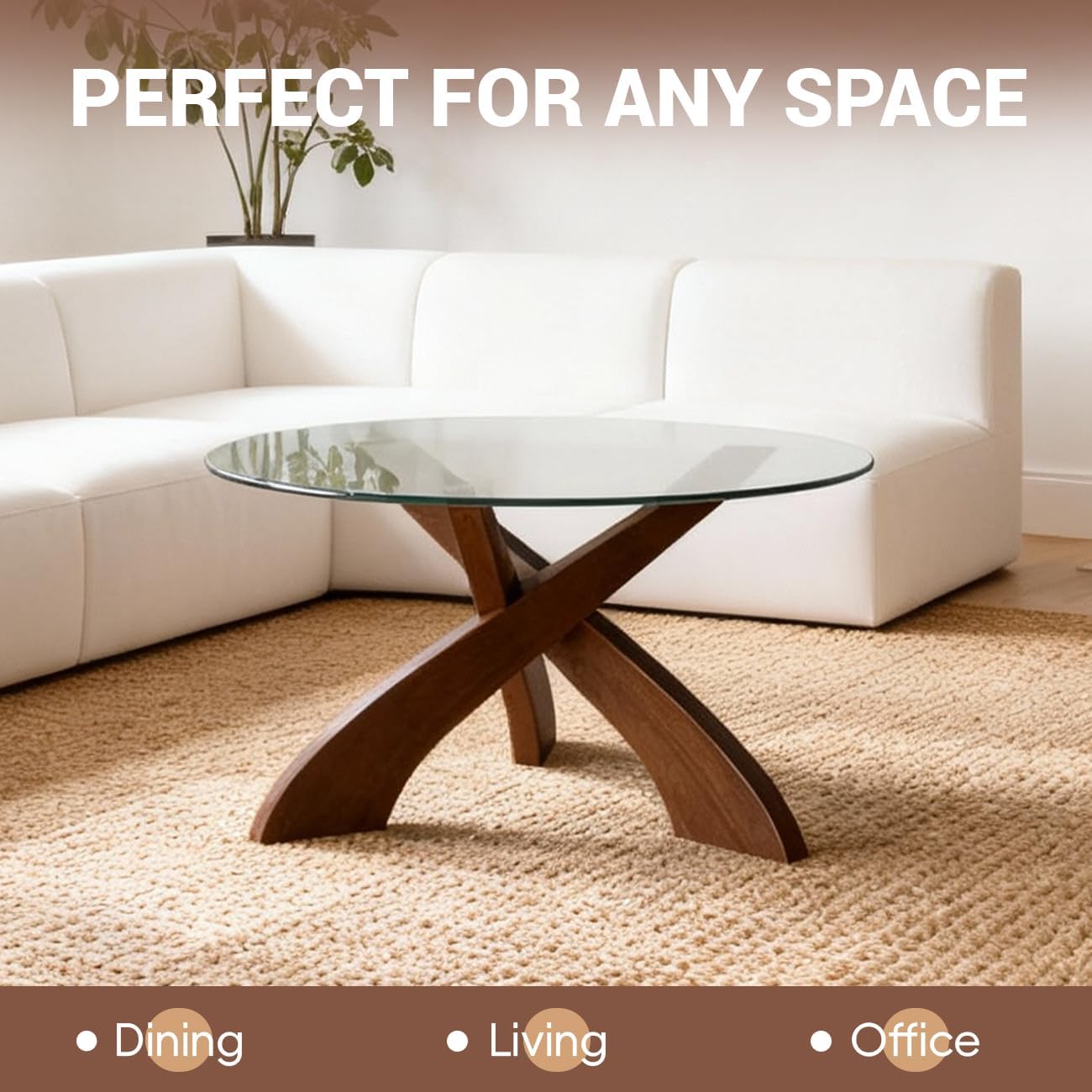 Honyee Mesa auxiliar de cristal, mesa de centro redonda de 30.7 pulgadas con parte superior de vidrio templado, base de madera de nogal en forma de X, mesa central moderna y estable para sala de estar