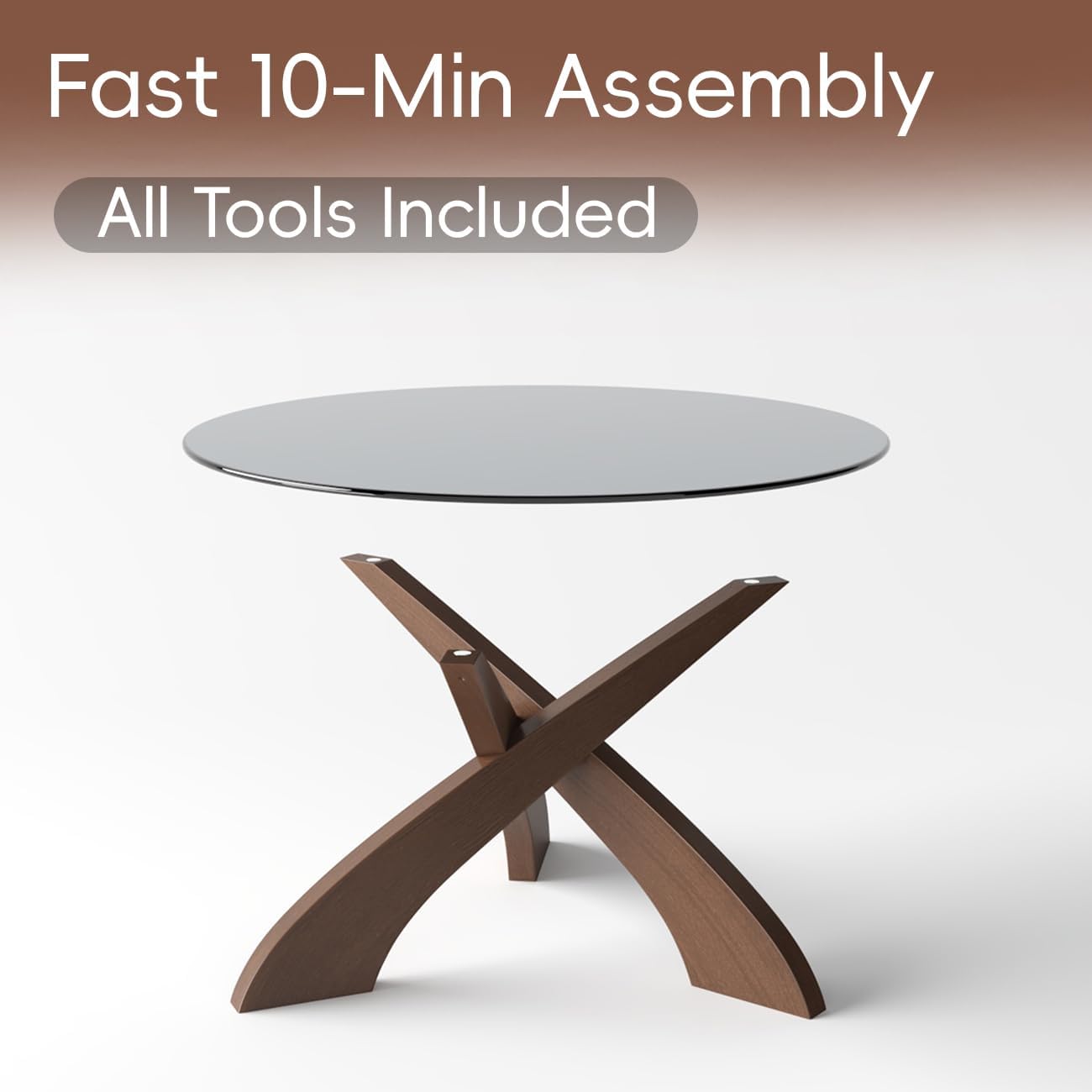 Honyee Mesa auxiliar de cristal, mesa de centro redonda de 30.7 pulgadas con parte superior de vidrio templado, base de madera de nogal en forma de X, mesa central moderna y estable para sala de estar