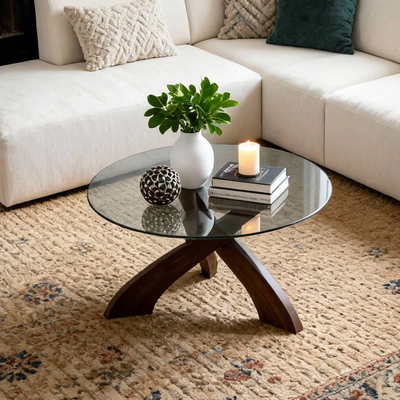 Honyee Mesa auxiliar de cristal, mesa de centro redonda de 30.7 pulgadas con parte superior de vidrio templado, base de madera de nogal en forma de X, mesa central moderna y estable para sala de estar