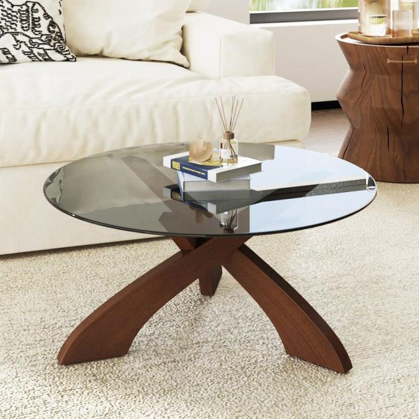 Honyee Mesa auxiliar de cristal, mesa de centro redonda de 30.7 pulgadas con parte superior de vidrio templado, base de madera de nogal en forma de X, mesa central moderna y estable para sala de estar