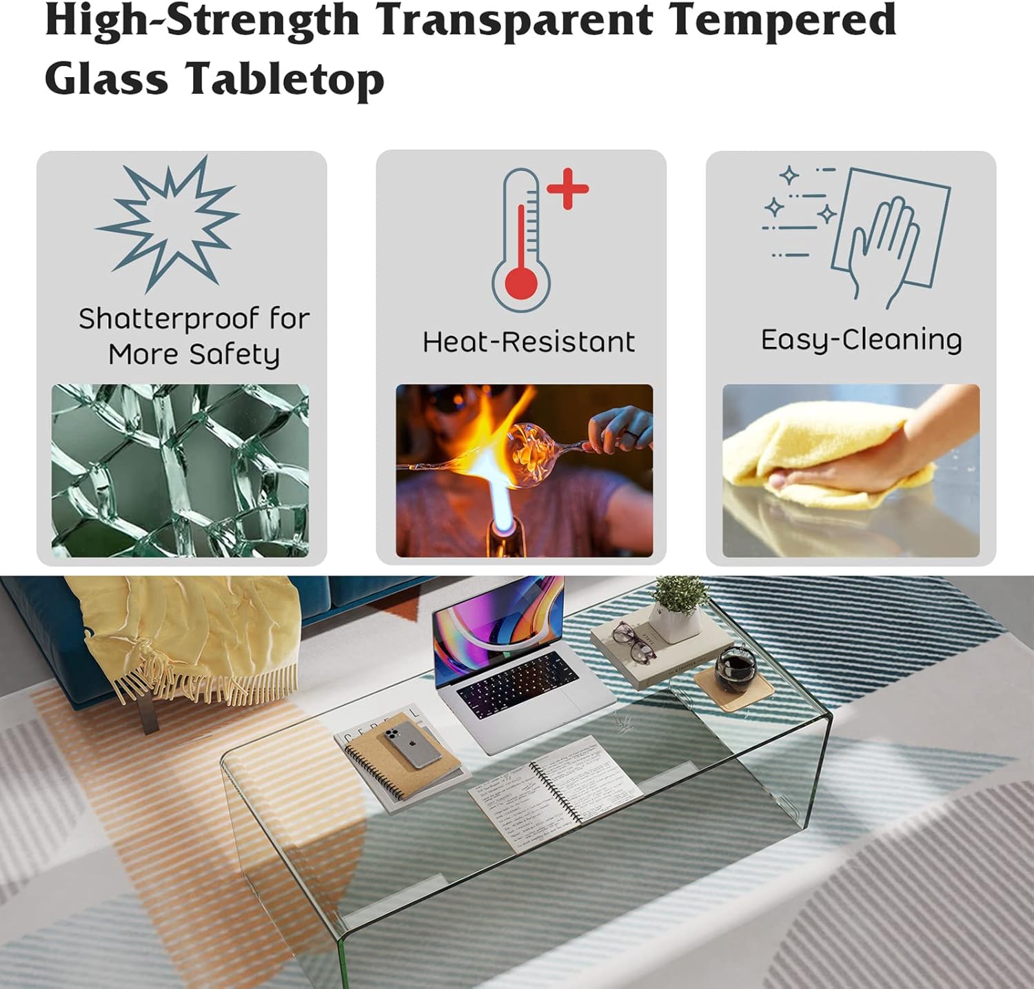 Mesa de centro de vidrio Tangkula, 1.07 m de largo x 50.8 cm de ancho x 35.56 cm de alto, muebles modernos para el hogar, mesa auxiliar de vidrio templado transparente, mesa de té para ocasiones internacionales, mesa de cascada con bordes redondeados, Vid