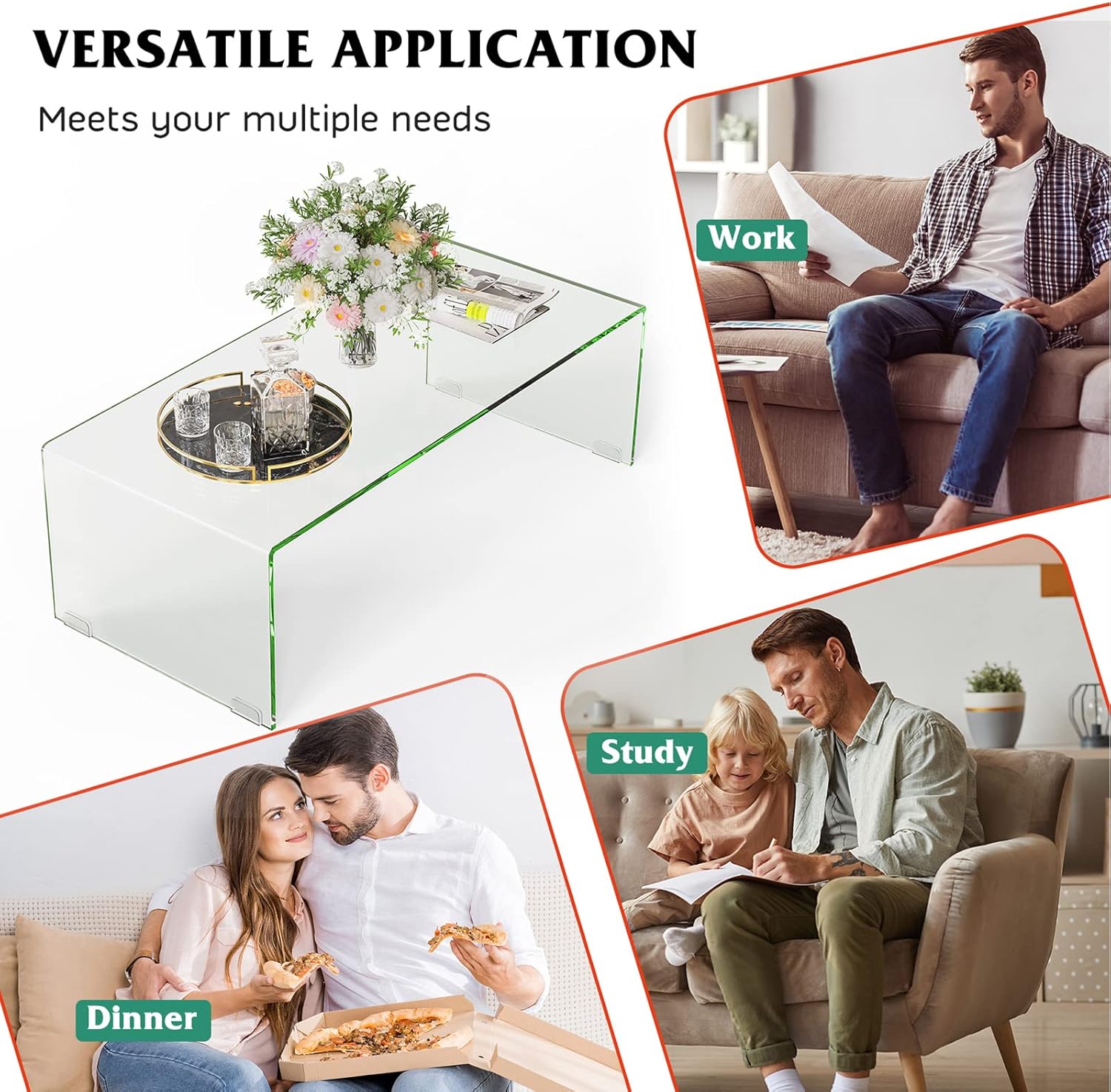 Mesa de centro de vidrio Tangkula, 1.07 m de largo x 50.8 cm de ancho x 35.56 cm de alto, muebles modernos para el hogar, mesa auxiliar de vidrio templado transparente, mesa de té para ocasiones internacionales, mesa de cascada con bordes redondeados, Vid