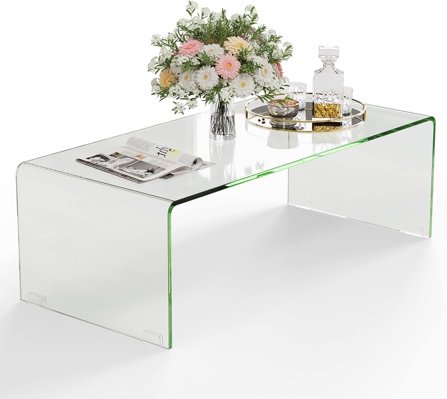 Mesa de centro de vidrio Tangkula, 1.07 m de largo x 50.8 cm de ancho x 35.56 cm de alto, muebles modernos para el hogar, mesa auxiliar de vidrio templado transparente, mesa de té para ocasiones internacionales, mesa de cascada con bordes redondeados, Vid