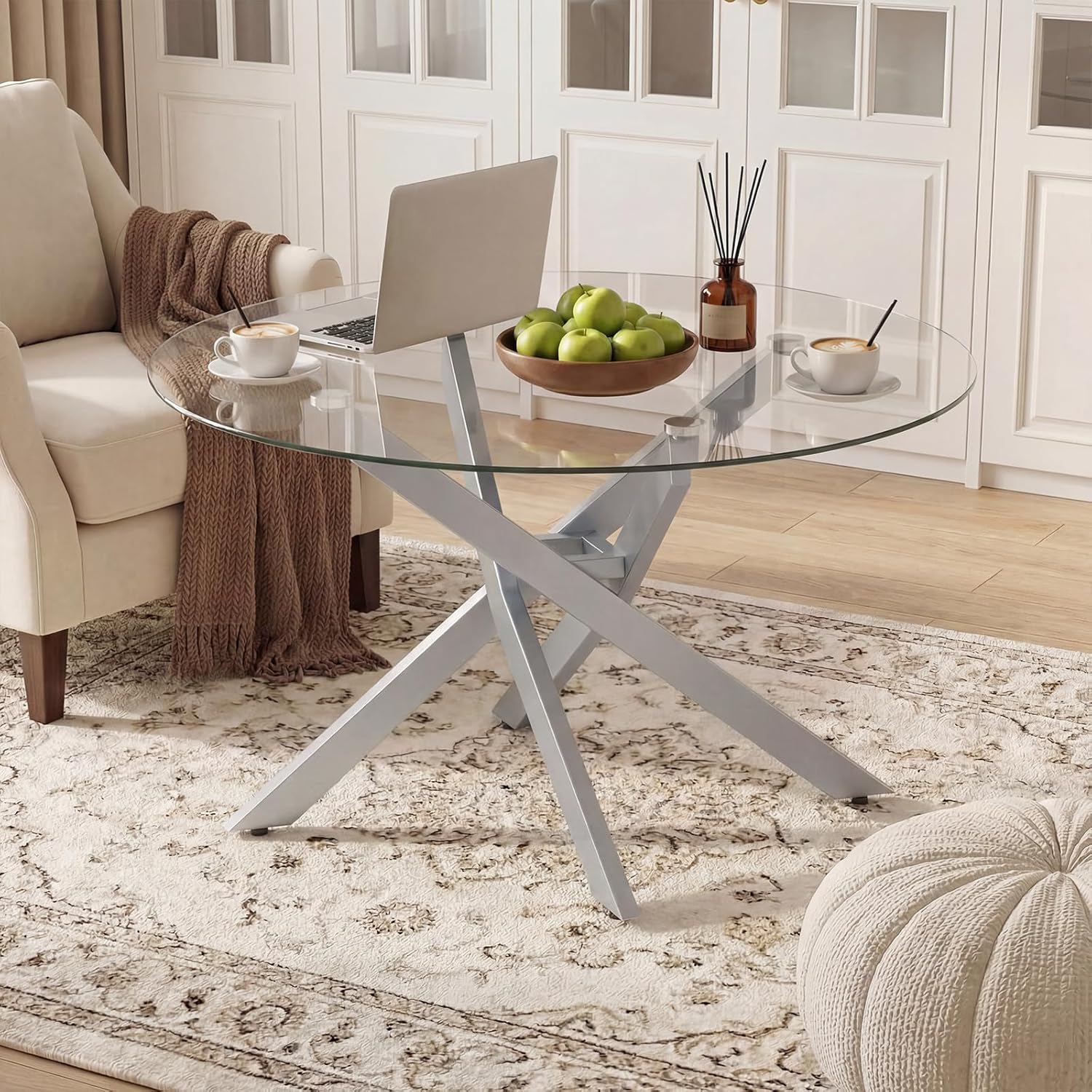 Giantex Mesa de centro redonda de vidrio, mesa central moderna de 31.5 pulgadas con parte superior de vidrio templado y marco de metal geométrico, mesa de cóctel de acento transparente, mesa de centro