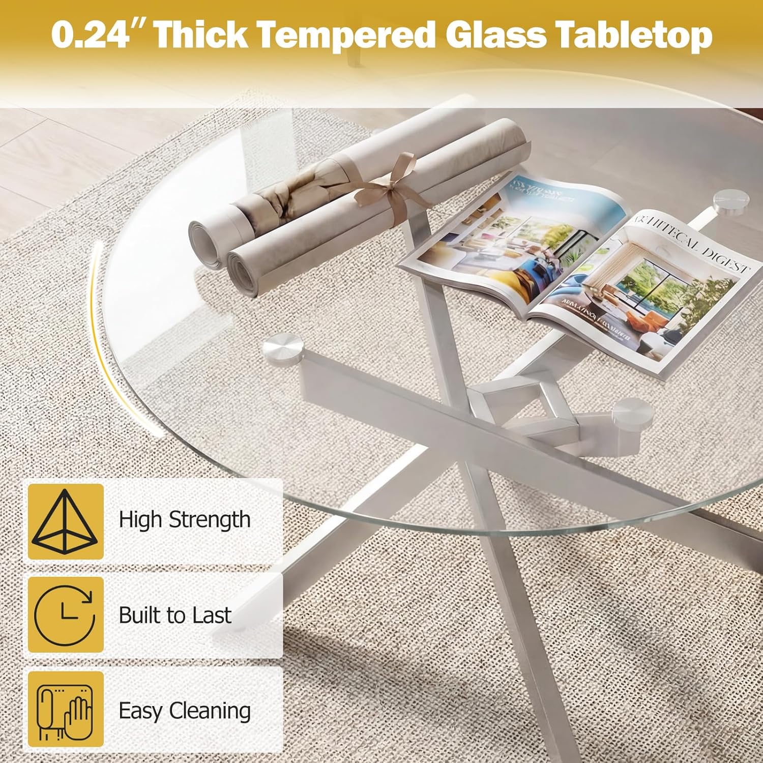 Giantex Mesa de centro redonda de vidrio, mesa central moderna de 31.5 pulgadas con parte superior de vidrio templado y marco de metal geométrico, mesa de cóctel de acento transparente, mesa de centro