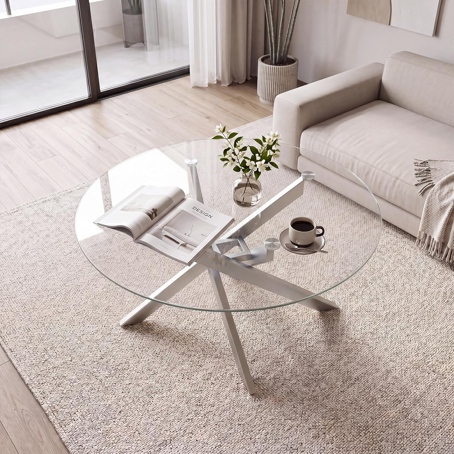 Giantex Mesa de centro redonda de vidrio, mesa central moderna de 31.5 pulgadas con parte superior de vidrio templado y marco de metal geométrico, mesa de cóctel de acento transparente, mesa de centro