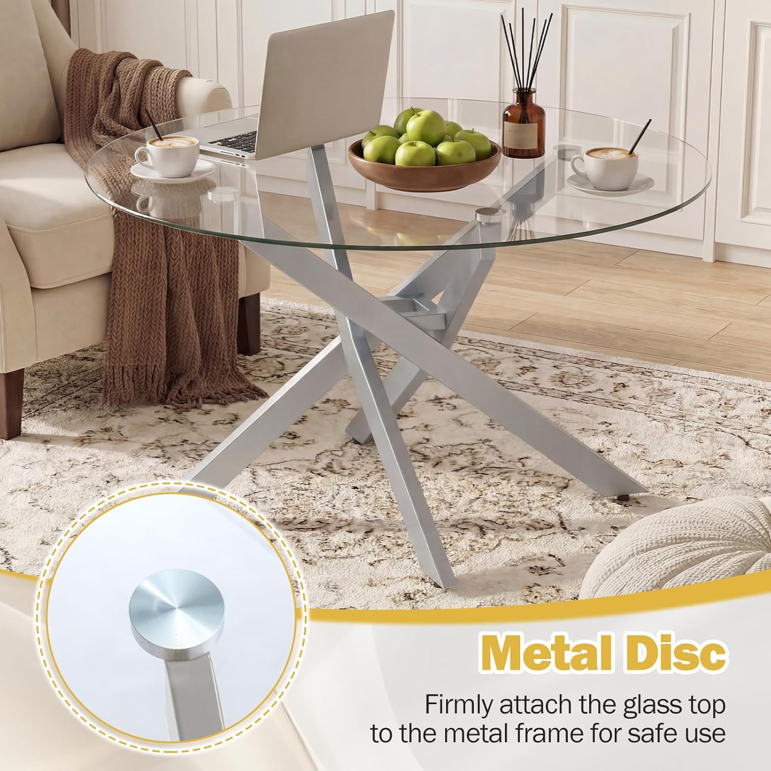 Giantex Mesa de centro redonda de vidrio, mesa central moderna de 31.5 pulgadas con parte superior de vidrio templado y marco de metal geométrico, mesa de cóctel de acento transparente, mesa de centro