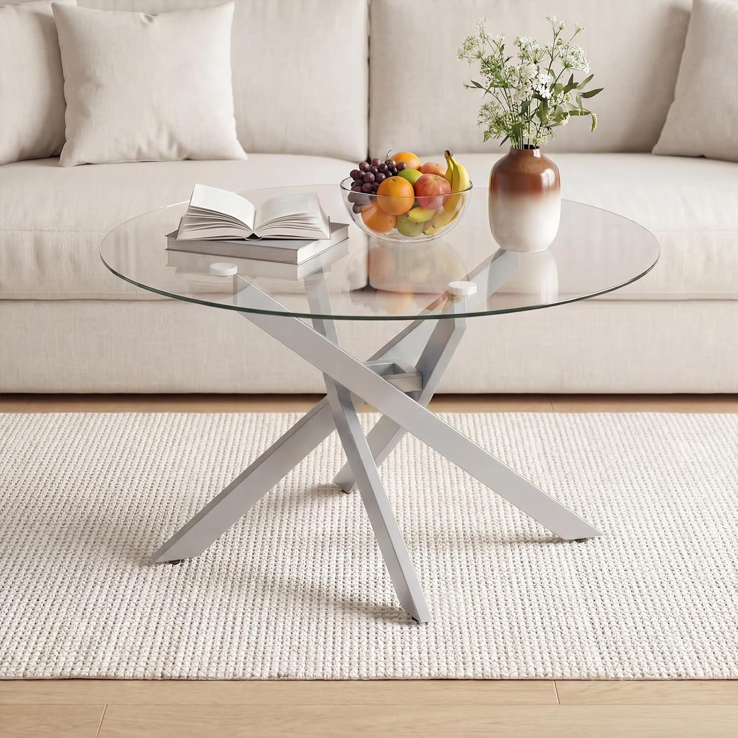 Giantex Mesa de centro redonda de vidrio, mesa central moderna de 31.5 pulgadas con parte superior de vidrio templado y marco de metal geométrico, mesa de cóctel de acento transparente, mesa de centro