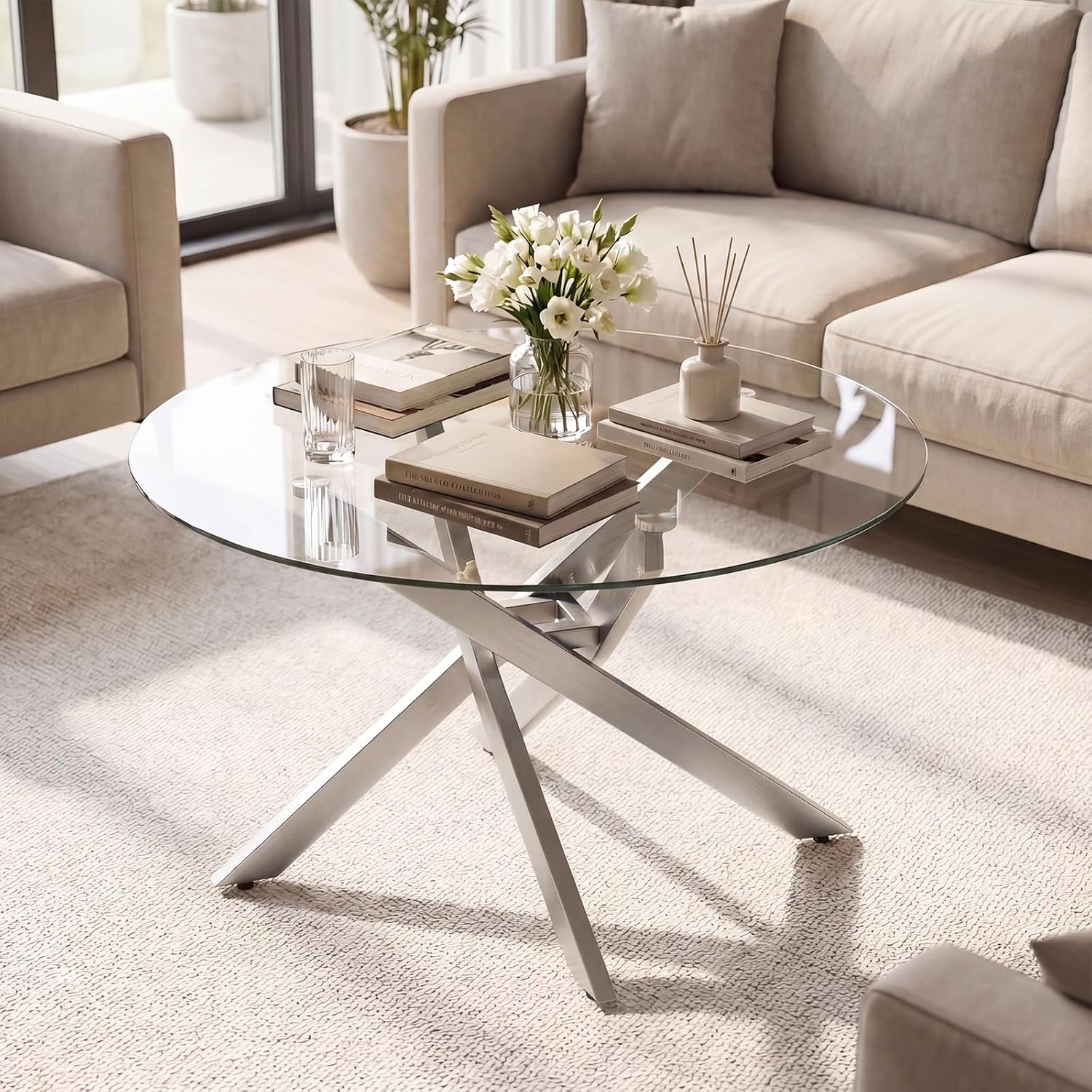 Giantex Mesa de centro redonda de vidrio, mesa central moderna de 31.5 pulgadas con parte superior de vidrio templado y marco de metal geométrico, mesa de cóctel de acento transparente, mesa de centro