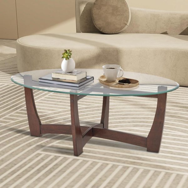 Mesa de centro ovalada de vidrio de 48 pulgadas con cruz de vidrio templado y base de madera maciza, mesa central simple y moderna para sala de estar, oficina, apartamento, cereza