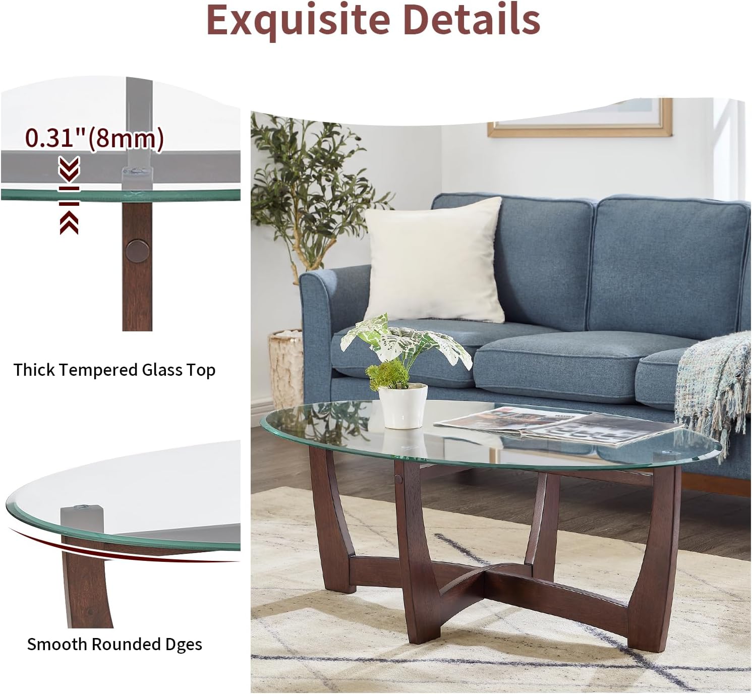 Mesa de centro ovalada de vidrio de 48 pulgadas con cruz de vidrio templado y base de madera maciza, mesa central simple y moderna para sala de estar, oficina, apartamento, cereza