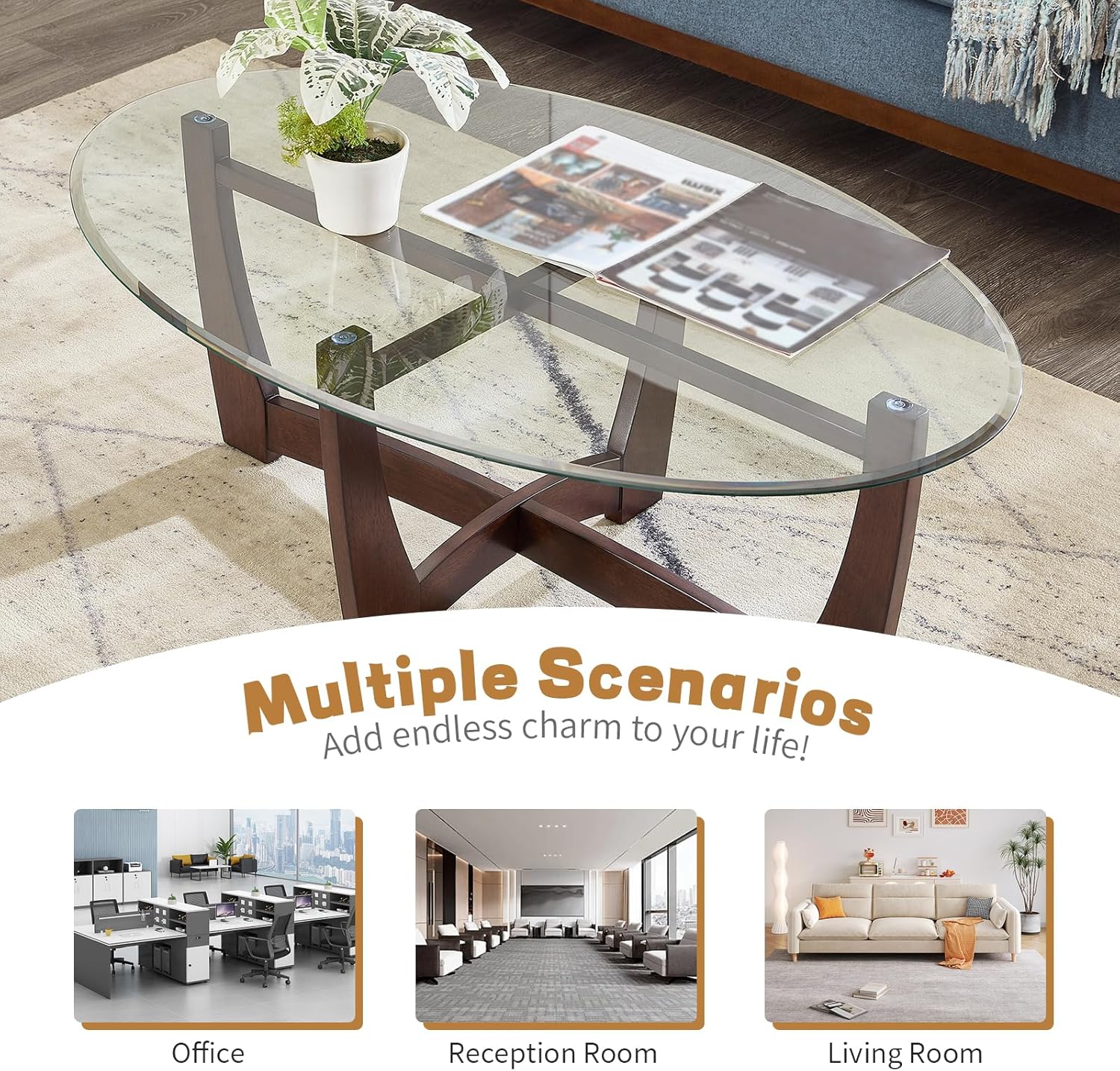 Mesa de centro ovalada de vidrio de 48 pulgadas con cruz de vidrio templado y base de madera maciza, mesa central simple y moderna para sala de estar, oficina, apartamento, cereza