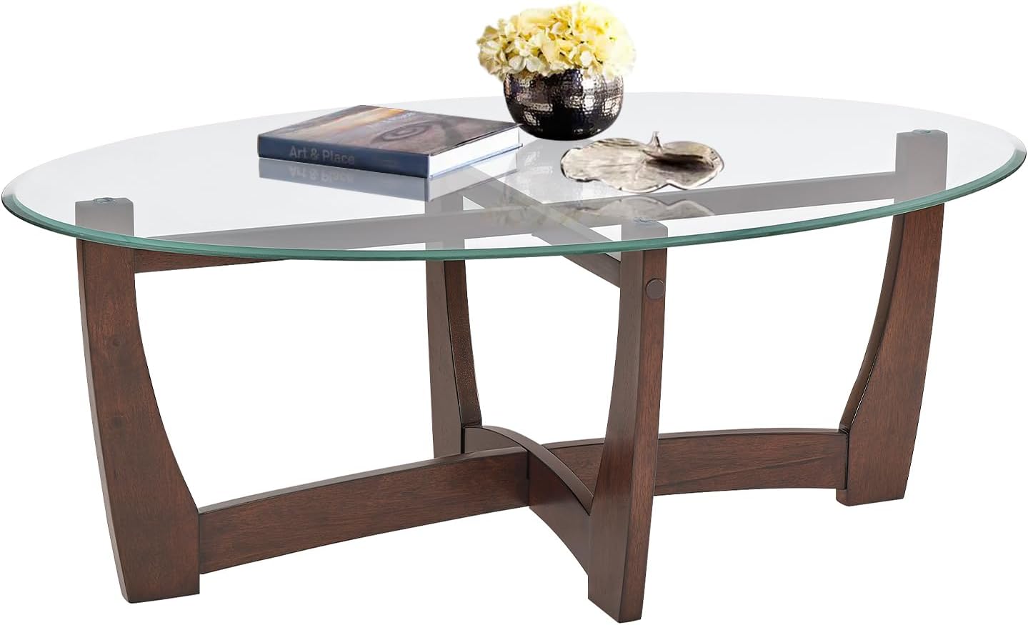 Mesa de centro ovalada de vidrio de 48 pulgadas con cruz de vidrio templado y base de madera maciza, mesa central simple y moderna para sala de estar, oficina, apartamento, cereza