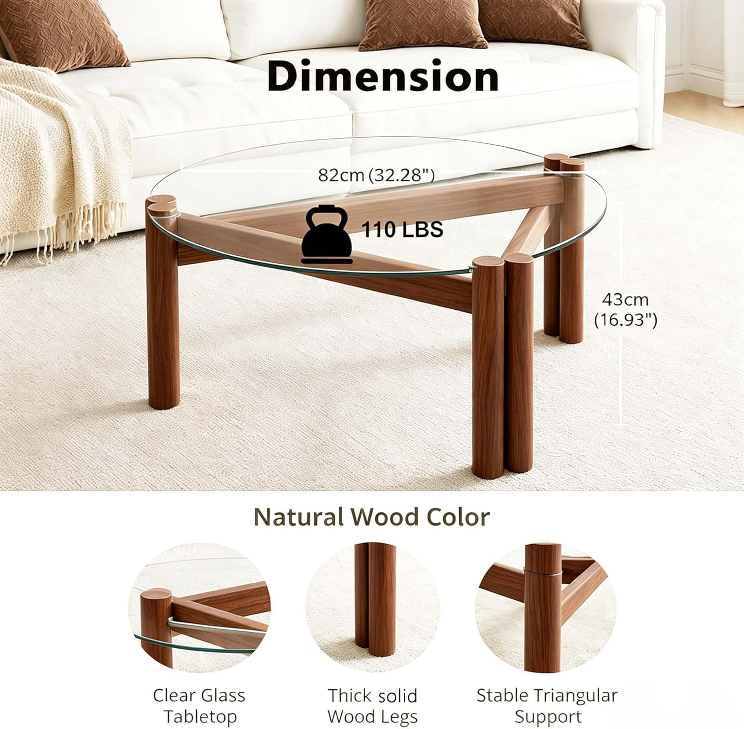 Mesa de centro moderna de cristal de 32 pulgadas, mesa de centro redonda pequeña de mediados de siglo con patas de madera maciza, adecuada para dormitorio, sala de estar, recepción, mesas de