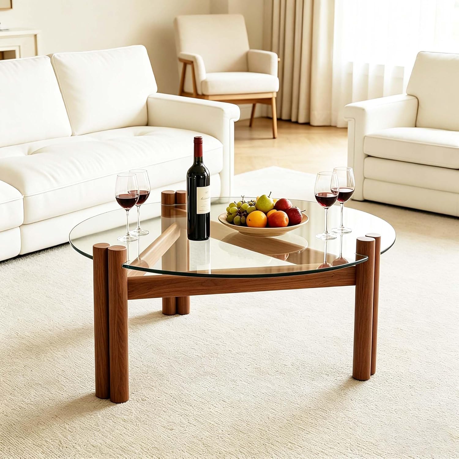 Mesa de centro moderna de cristal de 32 pulgadas, mesa de centro redonda pequeña de mediados de siglo con patas de madera maciza, adecuada para dormitorio, sala de estar, recepción, mesas de