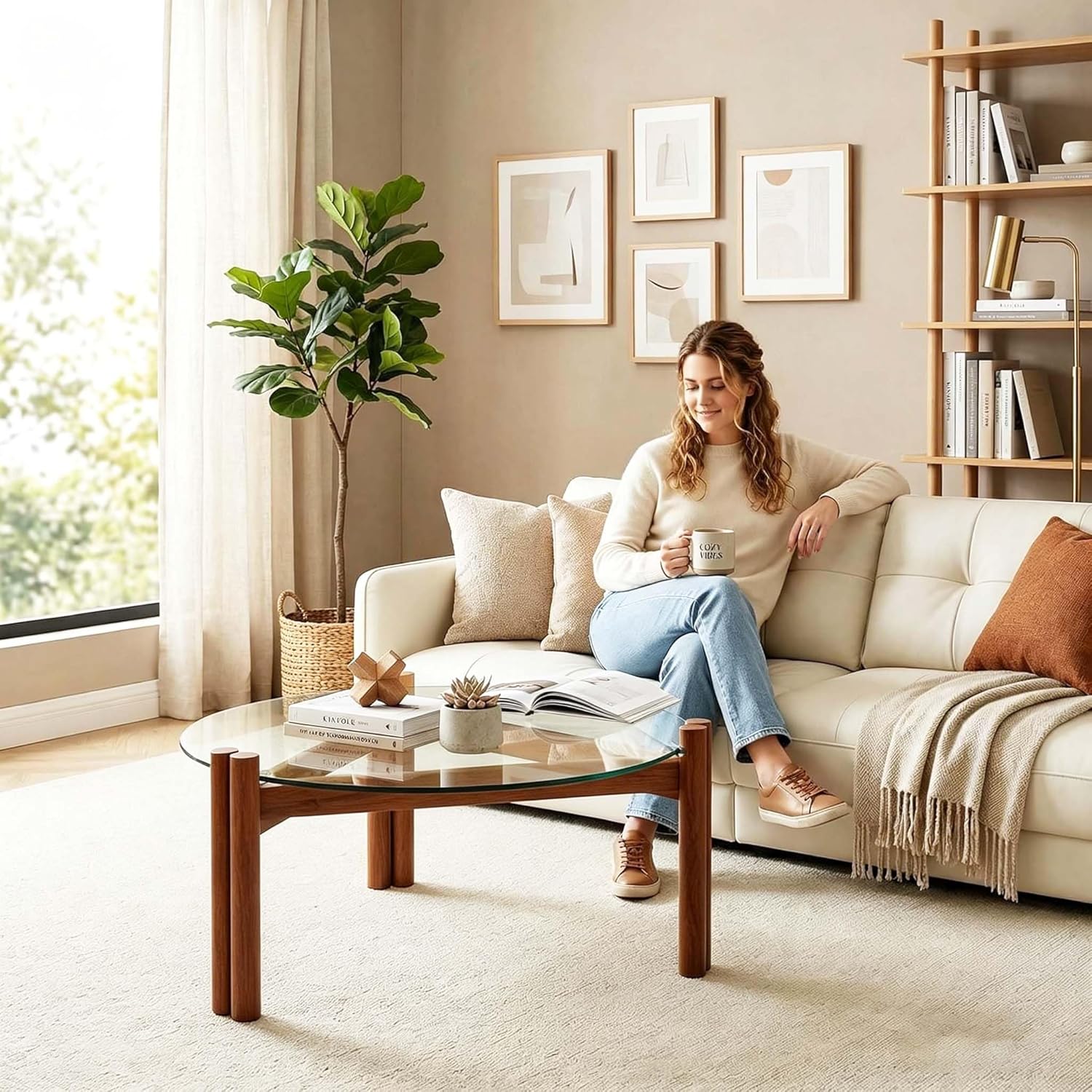 Mesa de centro moderna de cristal de 32 pulgadas, mesa de centro redonda pequeña de mediados de siglo con patas de madera maciza, adecuada para dormitorio, sala de estar, recepción, mesas de