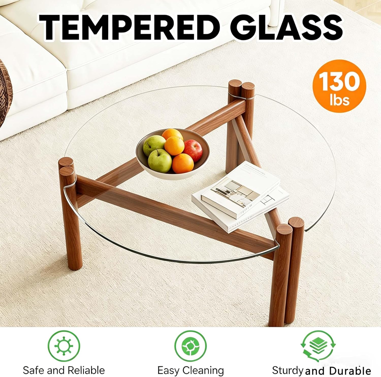 Mesa de centro moderna de cristal de 32 pulgadas, mesa de centro redonda pequeña de mediados de siglo con patas de madera maciza, adecuada para dormitorio, sala de estar, recepción, mesas de
