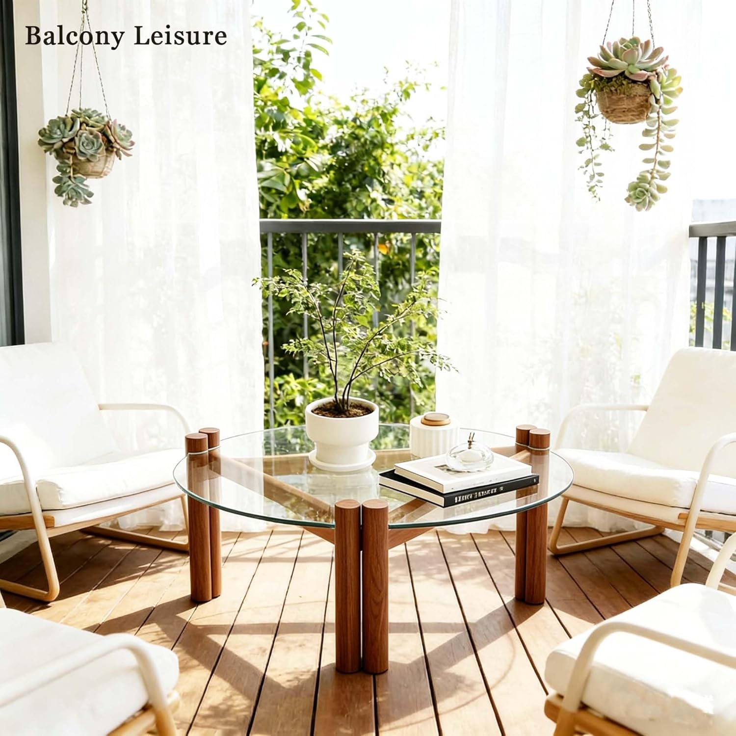 Mesa de centro moderna de cristal de 32 pulgadas, mesa de centro redonda pequeña de mediados de siglo con patas de madera maciza, adecuada para dormitorio, sala de estar, recepción, mesas de