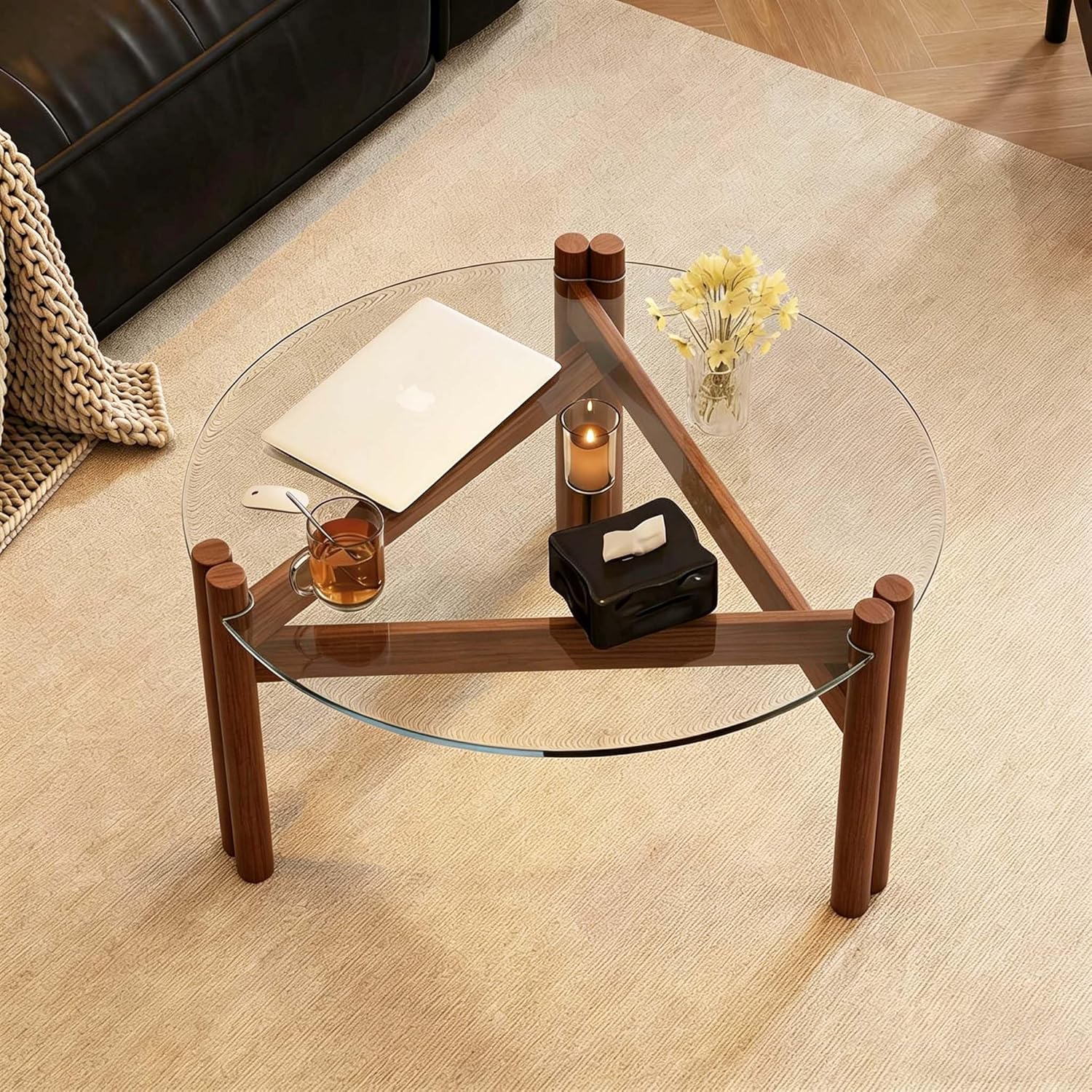Mesa de centro moderna de cristal de 32 pulgadas, mesa de centro redonda pequeña de mediados de siglo con patas de madera maciza, adecuada para dormitorio, sala de estar, recepción, mesas de