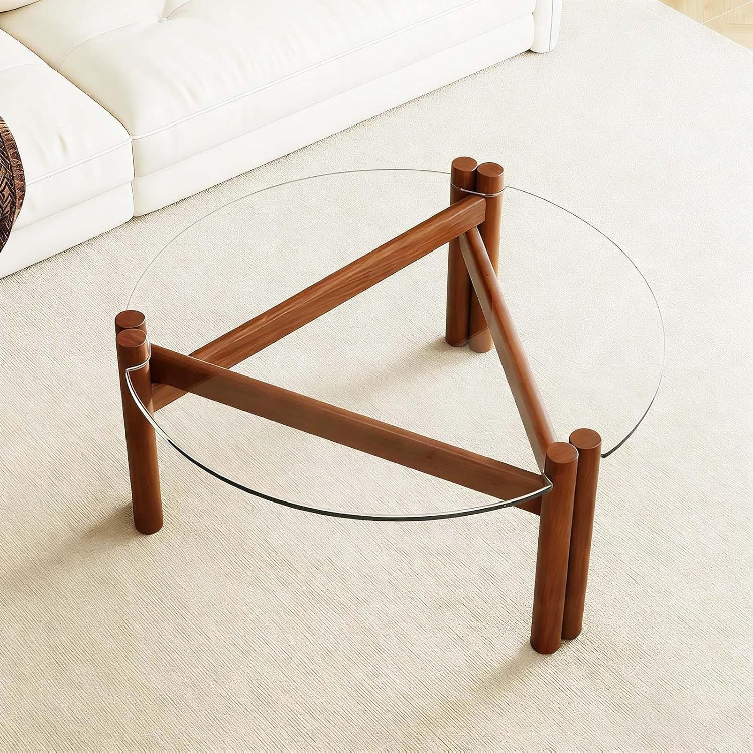 Mesa de centro moderna de cristal de 32 pulgadas, mesa de centro redonda pequeña de mediados de siglo con patas de madera maciza, adecuada para dormitorio, sala de estar, recepción, mesas de