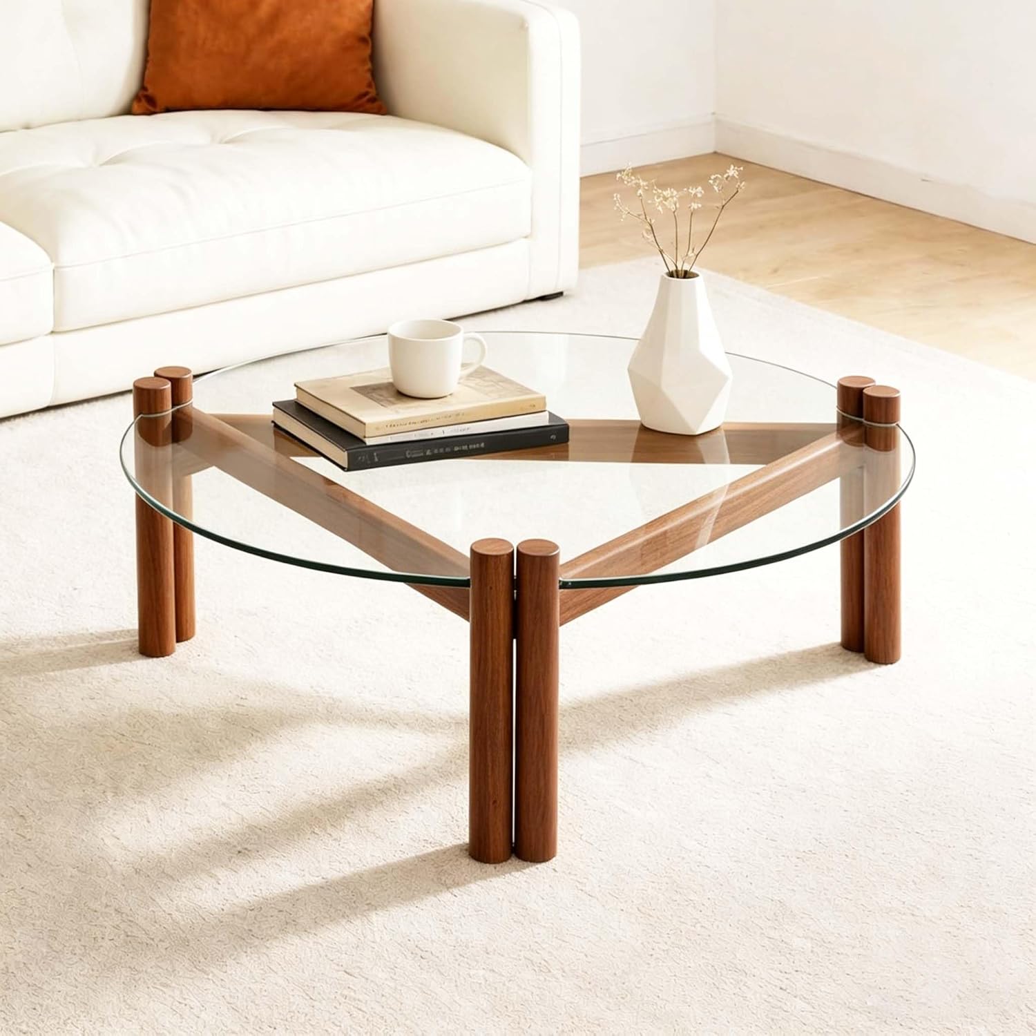 Mesa de centro moderna de cristal de 32 pulgadas, mesa de centro redonda pequeña de mediados de siglo con patas de madera maciza, adecuada para dormitorio, sala de estar, recepción, mesas de