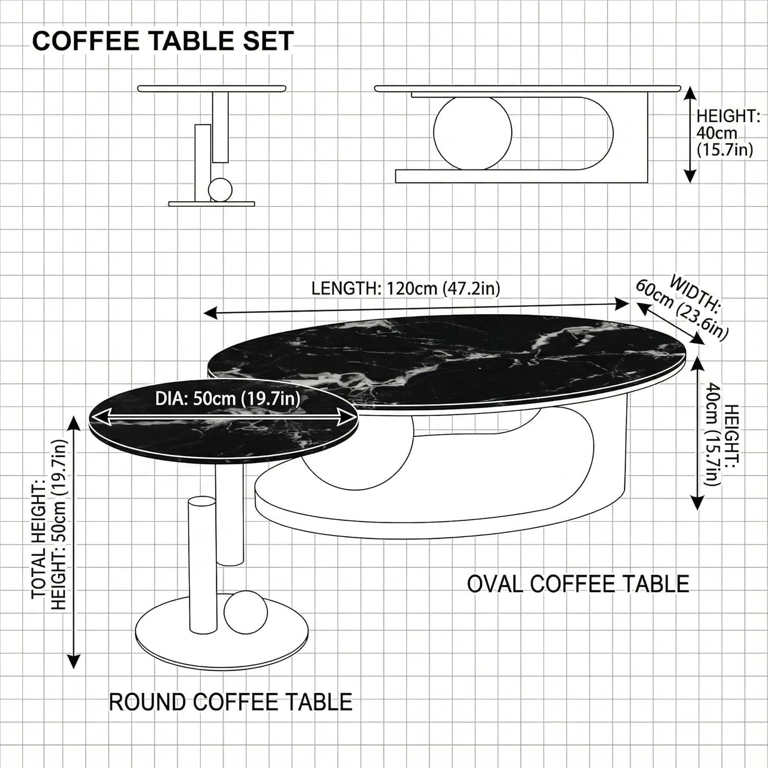 Juego de mesa auxiliar anidable de 2 piezas, mesa auxiliar de 47 pulgadas con mesa auxiliar de 19 pulgadas, parte superior de vidrio templado de mármol sintético negro con base de acero