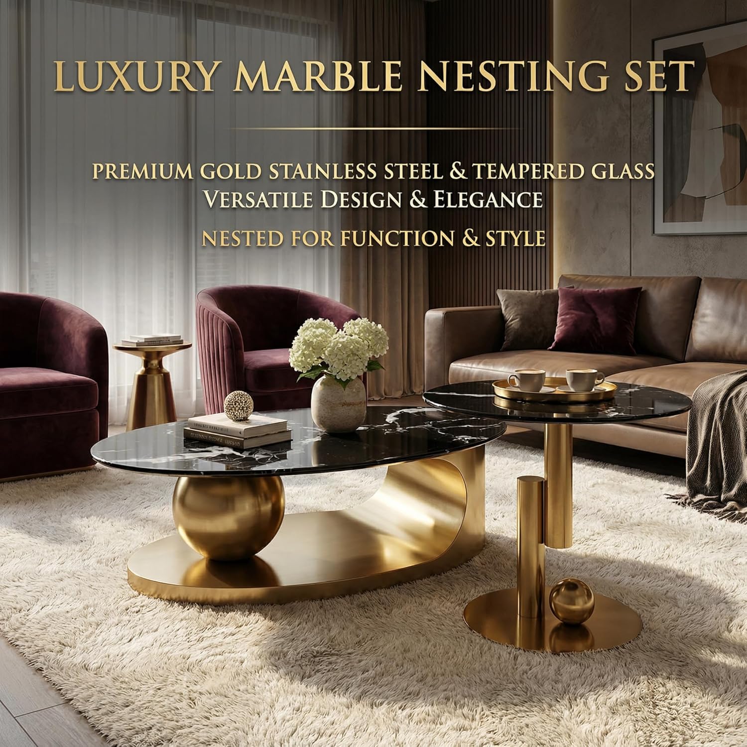 Juego de mesa auxiliar anidable de 2 piezas, mesa auxiliar de 47 pulgadas con mesa auxiliar de 19 pulgadas, parte superior de vidrio templado de mármol sintético negro con base de acero