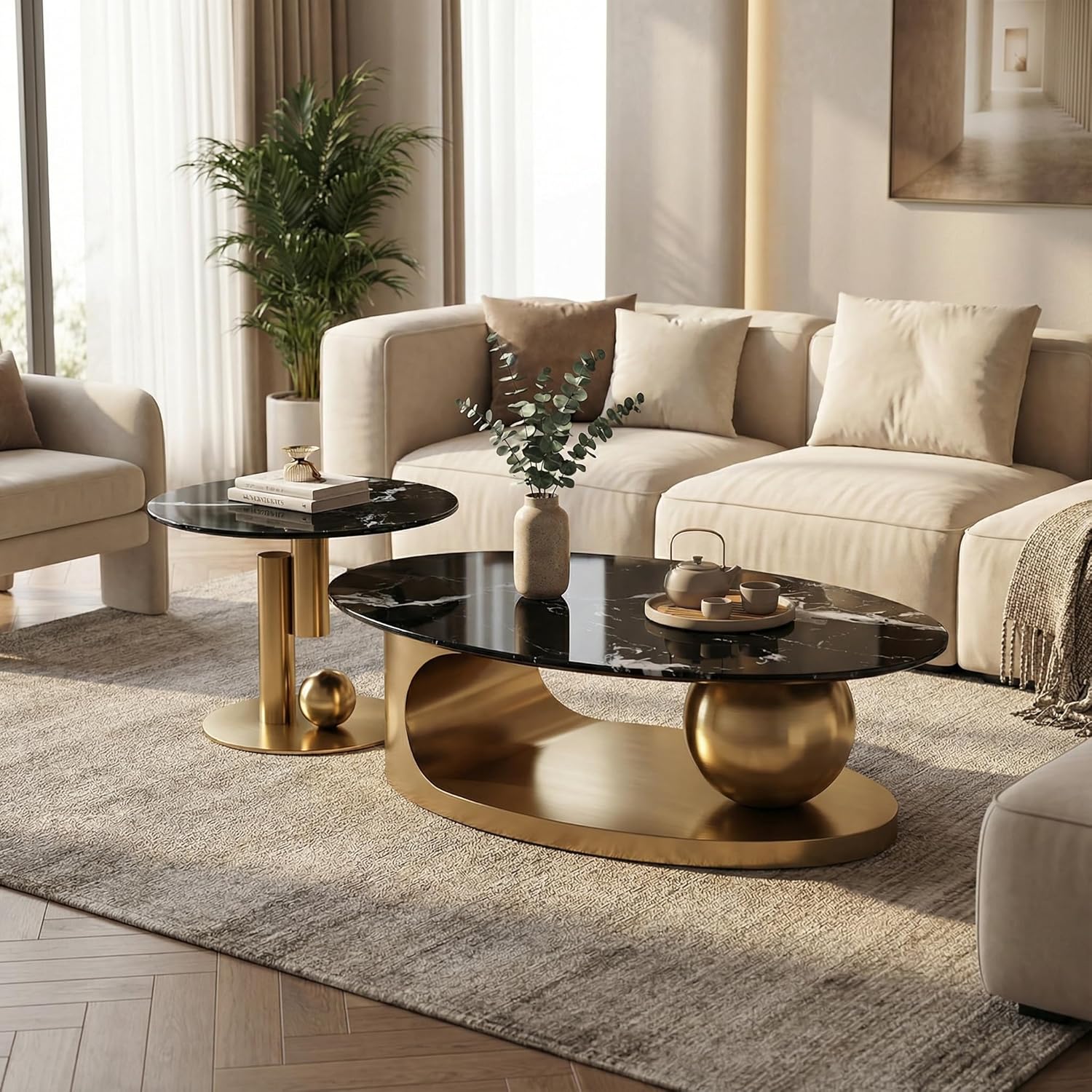 Juego de mesa auxiliar anidable de 2 piezas, mesa auxiliar de 47 pulgadas con mesa auxiliar de 19 pulgadas, parte superior de vidrio templado de mármol sintético negro con base de acero