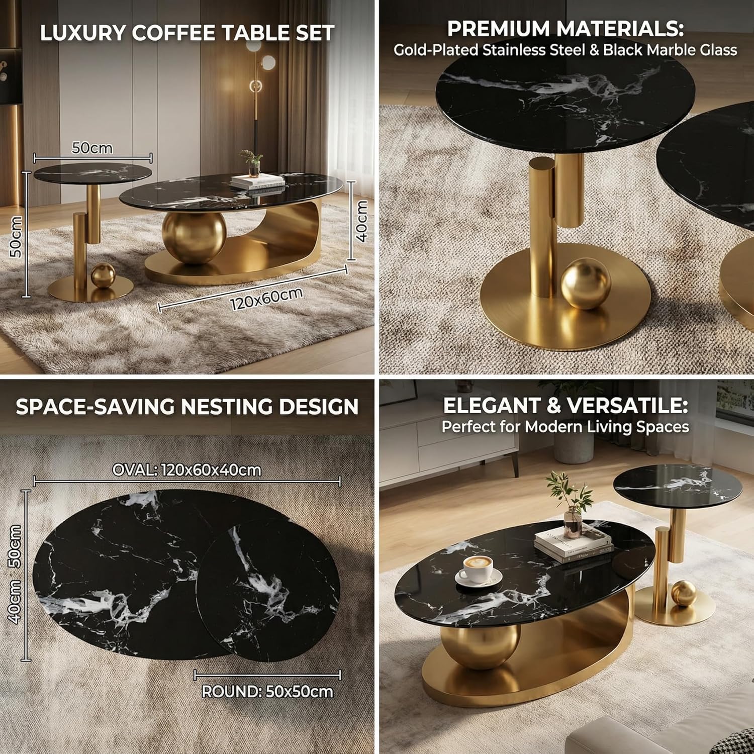 Juego de mesa auxiliar anidable de 2 piezas, mesa auxiliar de 47 pulgadas con mesa auxiliar de 19 pulgadas, parte superior de vidrio templado de mármol sintético negro con base de acero