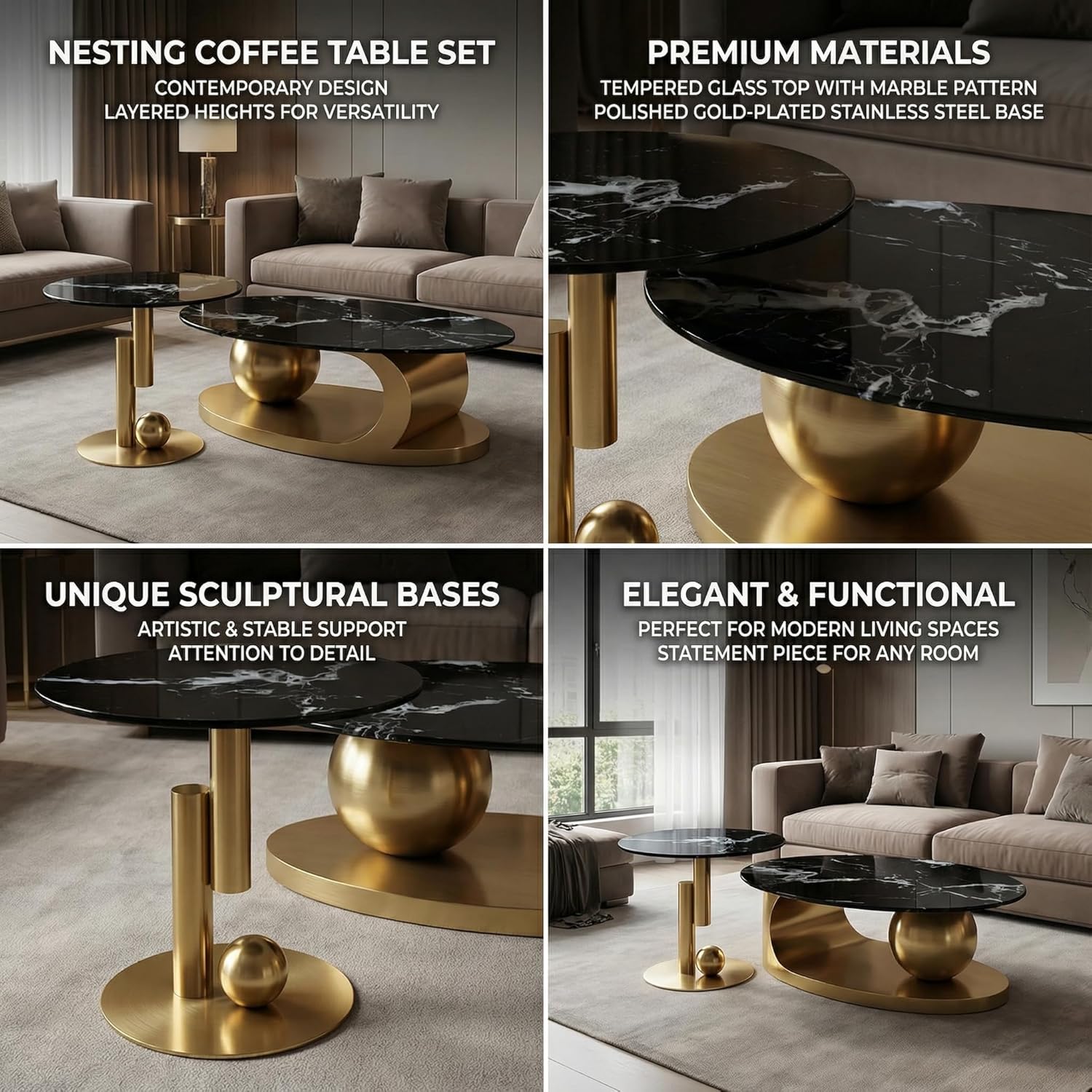 Juego de mesa auxiliar anidable de 2 piezas, mesa auxiliar de 47 pulgadas con mesa auxiliar de 19 pulgadas, parte superior de vidrio templado de mármol sintético negro con base de acero