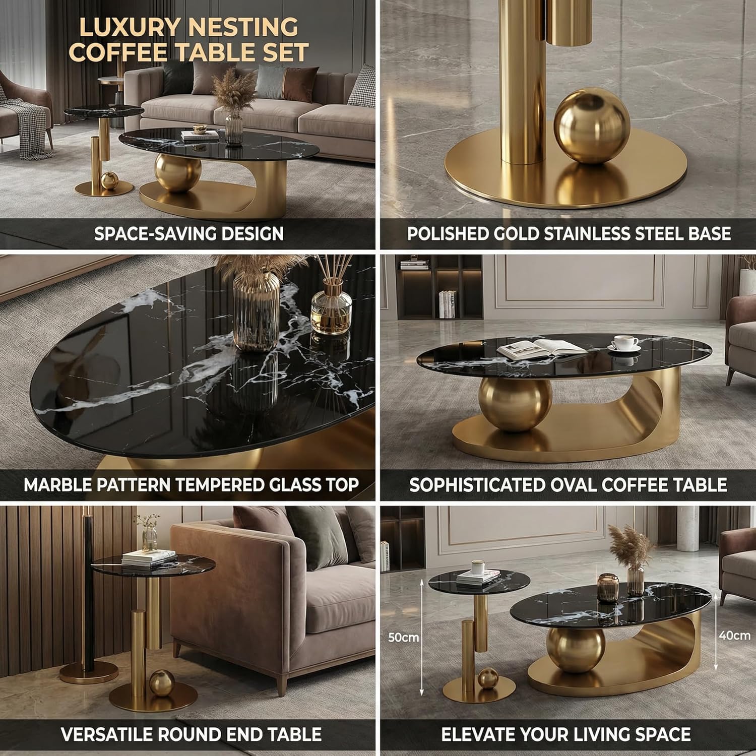 Juego de mesa auxiliar anidable de 2 piezas, mesa auxiliar de 47 pulgadas con mesa auxiliar de 19 pulgadas, parte superior de vidrio templado de mármol sintético negro con base de acero