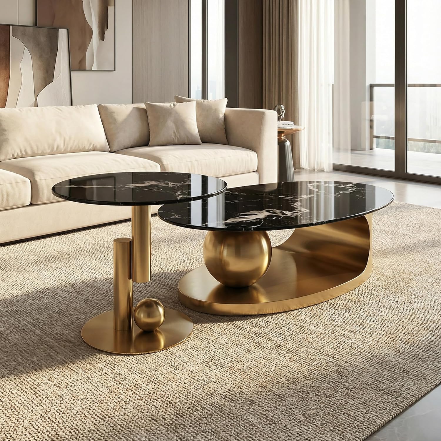 Juego de mesa auxiliar anidable de 2 piezas, mesa auxiliar de 47 pulgadas con mesa auxiliar de 19 pulgadas, parte superior de vidrio templado de mármol sintético negro con base de acero