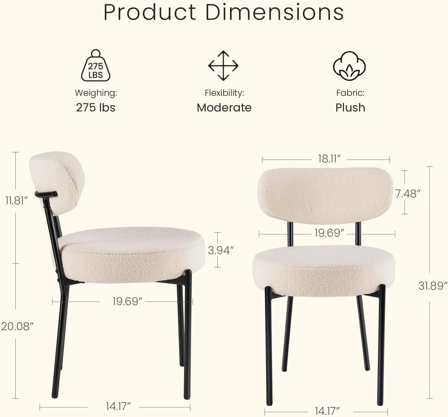 Juego de 4 sillas de comedor, sillas modernas de mediados de siglo, respaldo curvado tapizado, sillas de cocina, sala de estar con patas de metal negro, beige claro