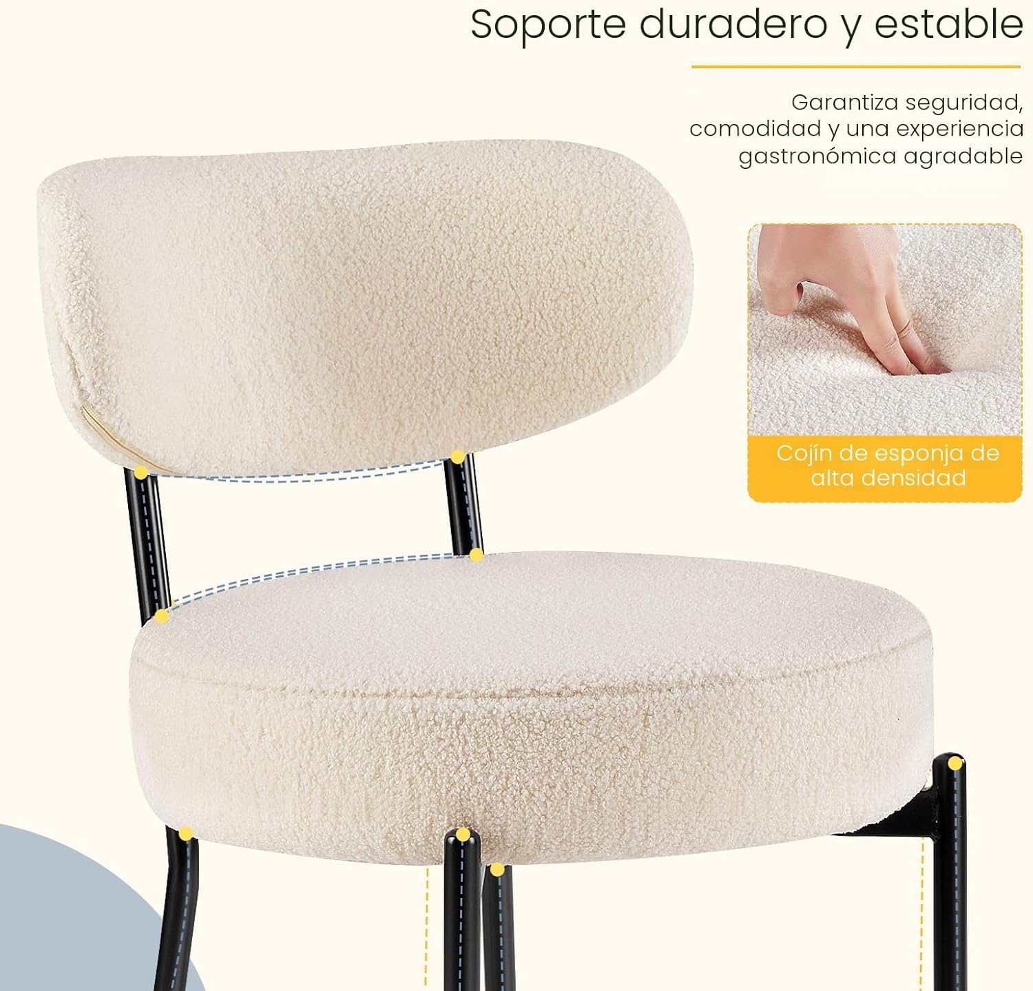 Juego de 4 sillas de comedor, sillas modernas de mediados de siglo, respaldo curvado tapizado, sillas de cocina, sala de estar con patas de metal negro, beige claro