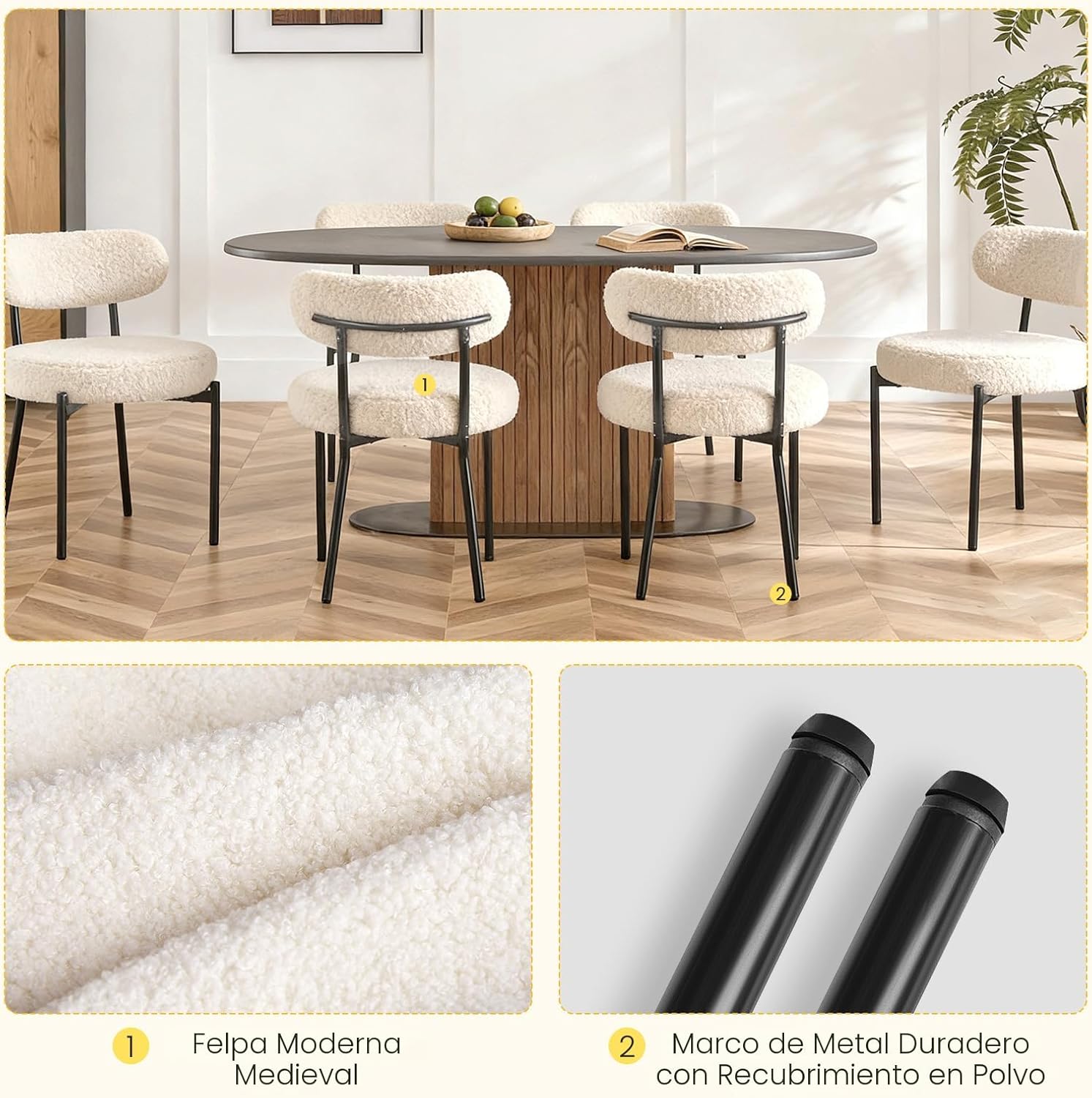 Juego de 4 sillas de comedor, sillas modernas de mediados de siglo, respaldo curvado tapizado, sillas de cocina, sala de estar con patas de metal negro, beige claro