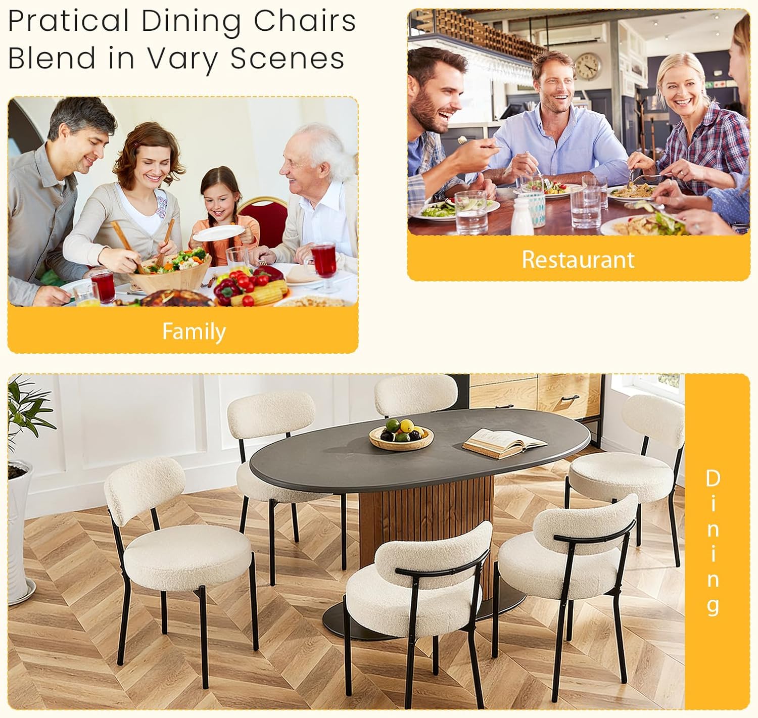 Juego de 4 sillas de comedor, sillas modernas de mediados de siglo, respaldo curvado tapizado, sillas de cocina, sala de estar con patas de metal negro, beige claro